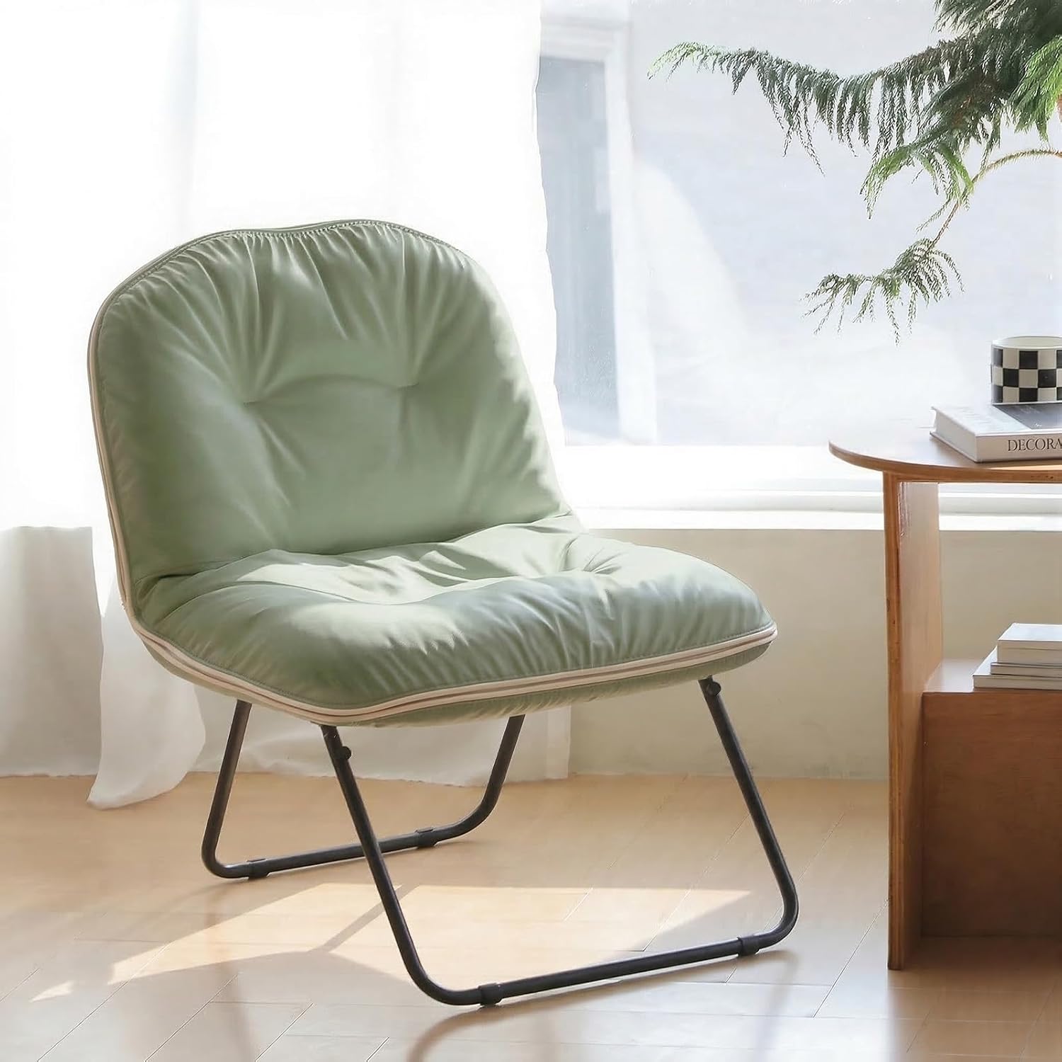 ZonLi Folding Vegan Leather Saucer Moon Chair, Comfy Soft Cozy Lounge Floor Chair for Adults,for Bedroom, Dorm, Living Room, Gaming Room, Study Corner, Portable Seat,Green