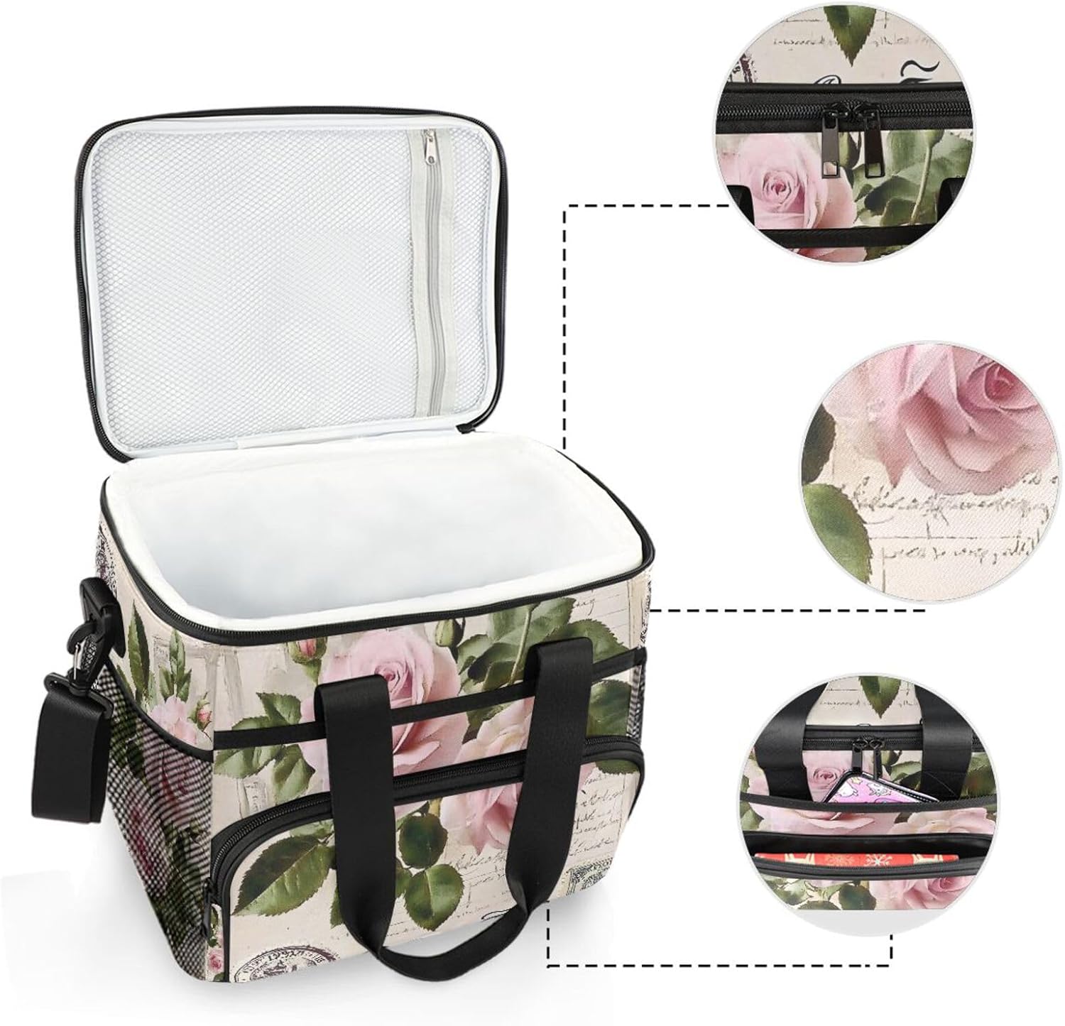 Pink Roses Flower Paris France Cooler Bag Insulated Cooler Soft Sided Cooler 24 Can Portable Picnic Bag Large Leakproof Lunch Bag Box for Beach Grocery Camping Travel Car Men Women