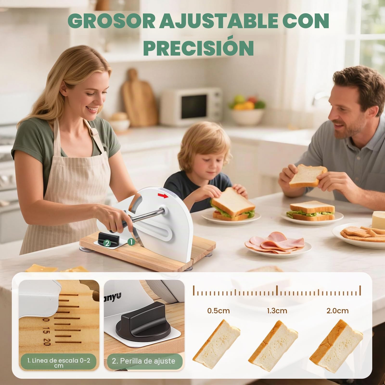 Huanyu Cortadora de pan manual con grosor ajustable de 0 a 2 cm Cortadora de pan de masa madre plegable con ventosas (Blanco)