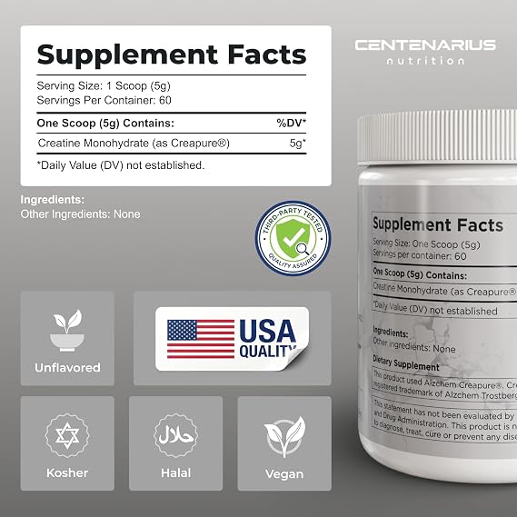 Creapure Creatine Monohydrate Powder Unflavored 300g | Micronized Creatine Supplement for Men & Women, Supports Strength, Endurance & Muscle Performance | Centenarius Nutrition
