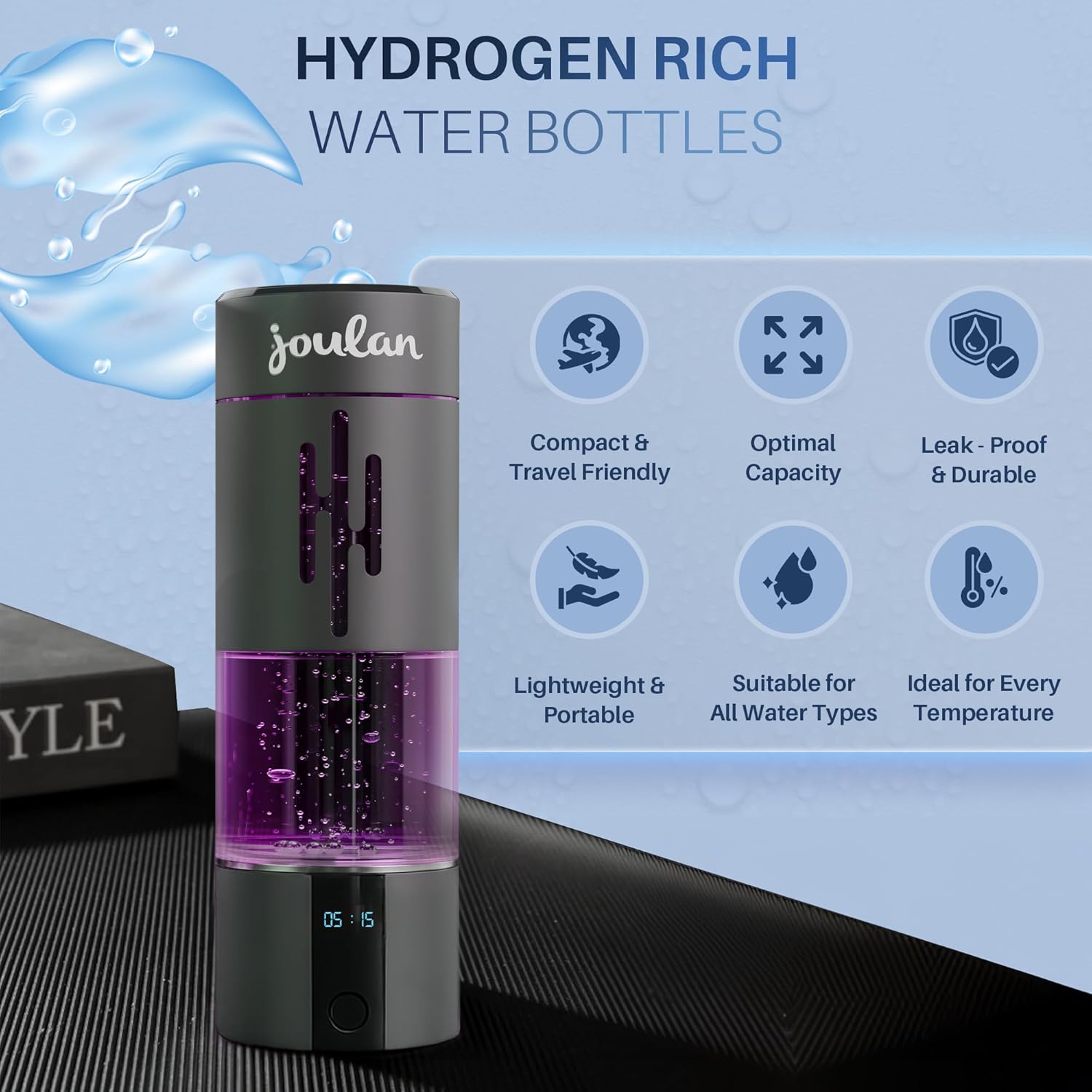 Hydrogenated Water Bottle Generator Glass & Stainless Steel 4500 PPB | SPE & PEM Water Ionizer | Portable Rechargeable Hydrogen Water Bottle for Healthy Hydration - Image 3