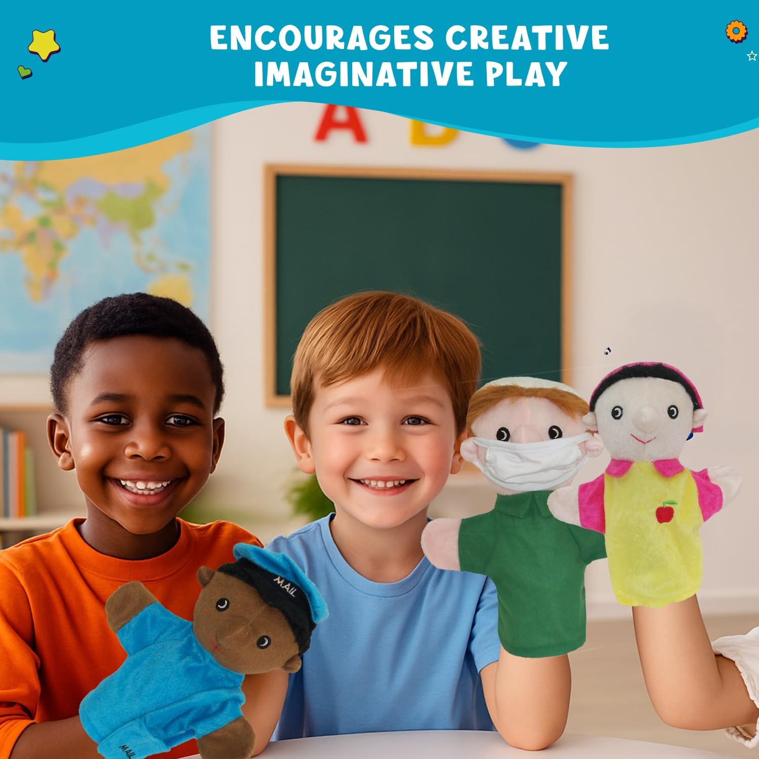 Get Ready Kids Multicultural Community Helper Hand Puppet Set – 10 Soft Career Puppets for Toddlers 1-5 – Doctor, Firefighter, Teacher & More – Educational Puppets for Preschool & Daycare