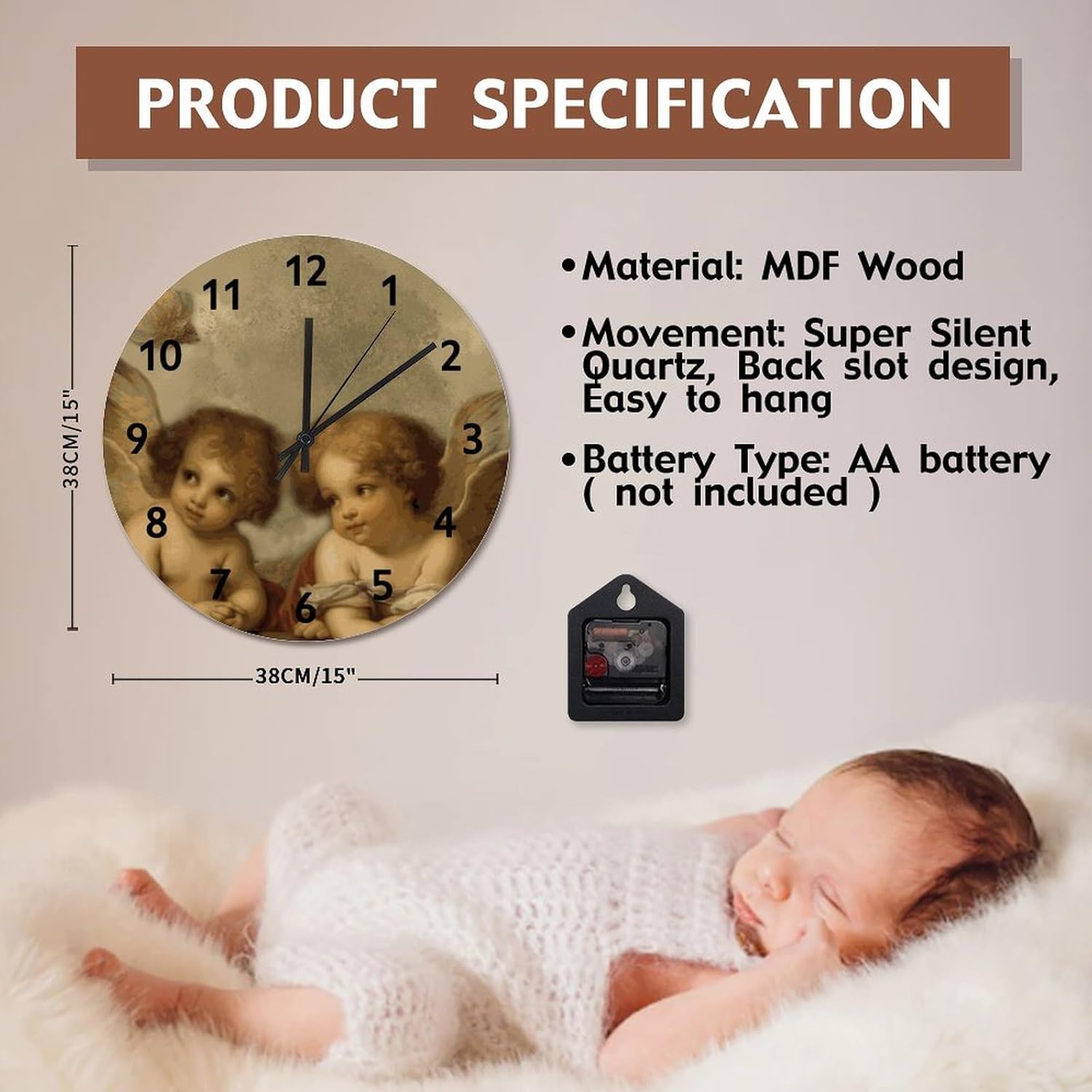ArogGeld Angels Wall Clock Raphael Angels Wall Clocks Battery Operated 15 Inch Silent Non-Ticking Modern Hanging Clock for Bedroom Living Room Farmhouse Wall Decor