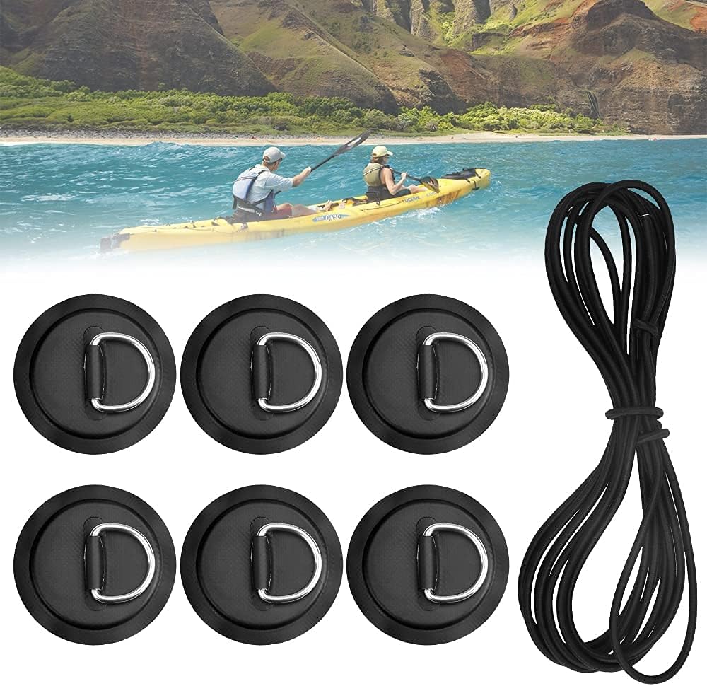"N/A" VCRANONR 6 Pcs Stainless Steel D-ring Patch Heavy Duty SUP Bungee Deck Rigging Kit Inflatable Boat Kayak D Ring with 5m Elastic Rope for PVC Inflatable Boat Kayak Canoe Deck Accessories (Black)