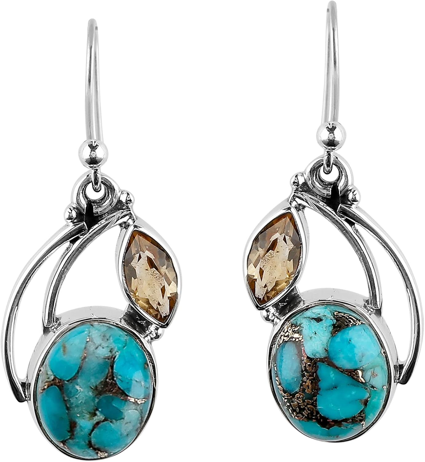 925 Sterling Silver Dangle Earrings, Genuine Sky Blue Turquoise & Citrine Gemstone, Handmade Boho Jewelry for Women, Chakra Healing Crystals, Christmas Day Gift