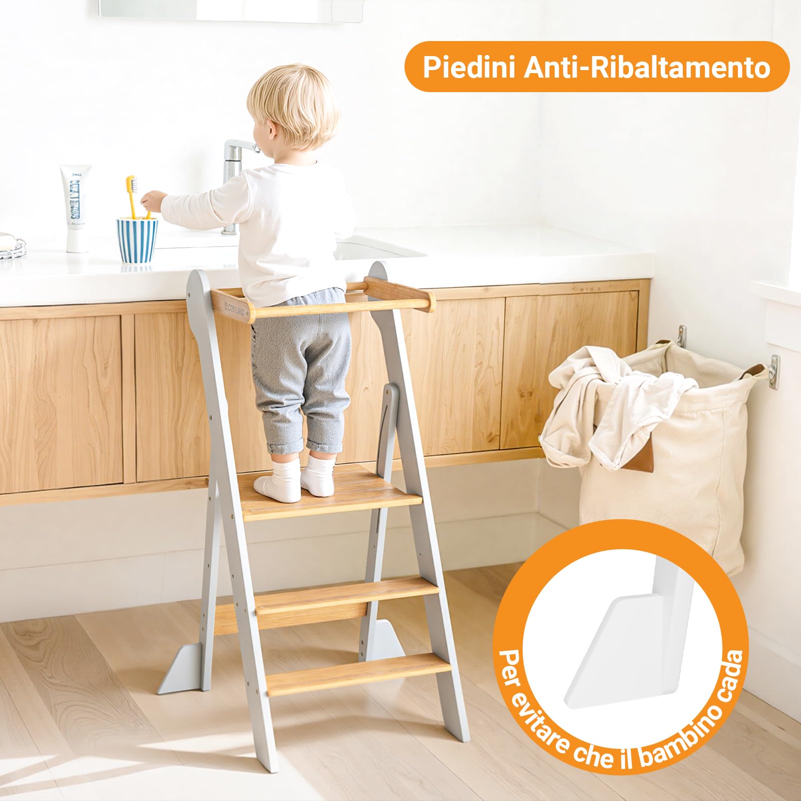 COSYLAND Torre Montessoriana Pieghevole per Bambini – Torre Montessoriana Bambini Regolabile in Altezza, Premontata al 95%, Design Salvaspazio, Ideale per Cucina o Bagno (Bianco e Naturale)