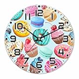 NOMEDOGYIM Donuts Wall Clock 10 inch Round Candy Cupcakes Macarons Silent Non Ticking Wood Wall Clocks Battery Operated Easy to Read Decorative Wall Clock for Bedroom Kitchen Living Room Bathroom