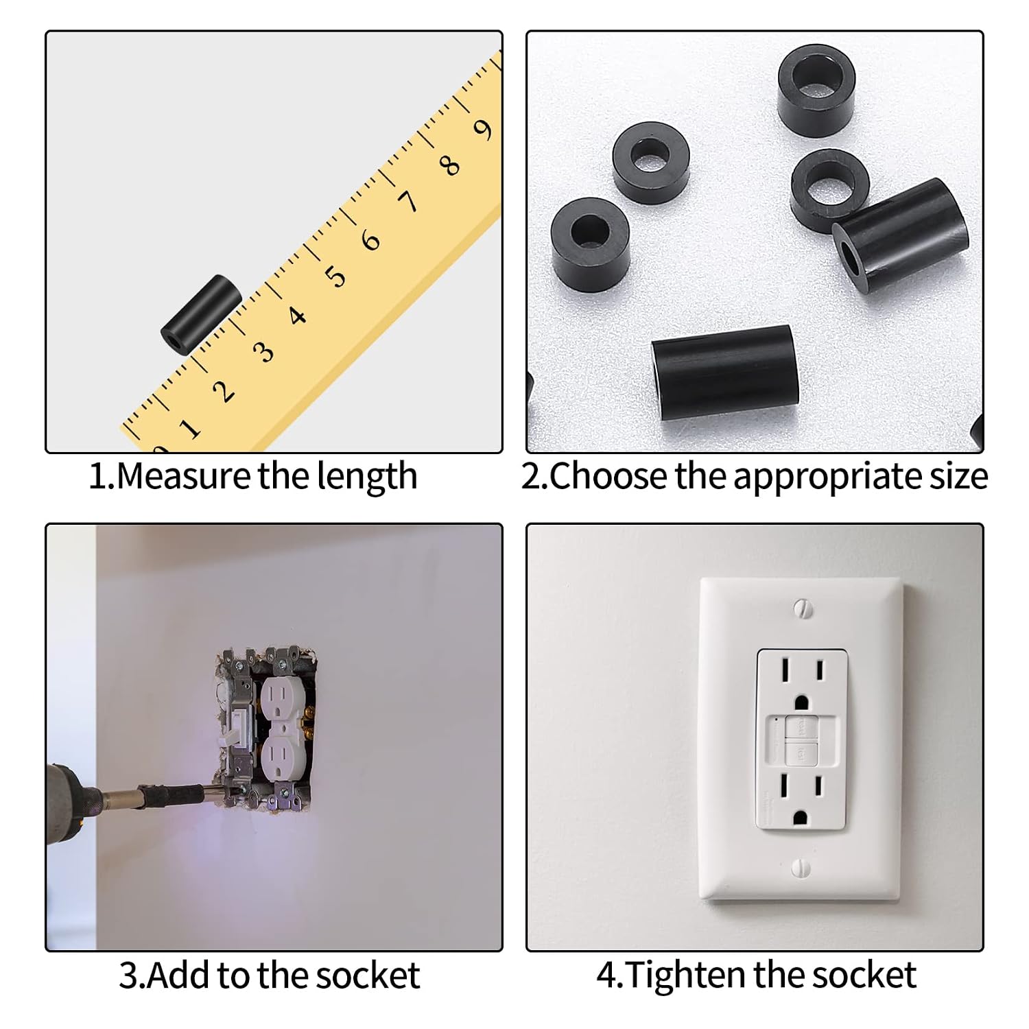 400 Pcs Nylon Electrical Outlet Spacers, ABS Round Spacers & Standoffs, Non-Threaded Screw SpacersPlastic Washers for Switch & Receptacle Screws(Black, 14 Sizes)
