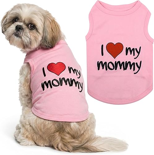 Playera parisina para perros con palabras bordadas "I Love My Mommy" - 100% algodón, camiseta rosa para perros - Chaleco sin mangas para mascotas -