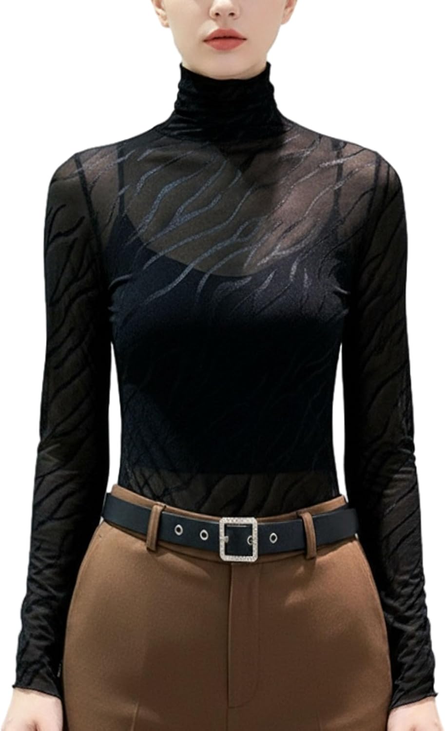 METWAY Black Sheer Top Women Mesh Long Sleeve Tops Lace Turtleneck See Through Undershirt Sexy Blouse Going Out T Shirt