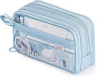 筆箱 ふでばこ 透明 両面開き いたペンケース 大容量 おしゃれ シンプル 筆入れ 持ち運び 小物入れ 収納ケース 小学生 中学生 高校生 男の子 女の子 オフィス-ブルー