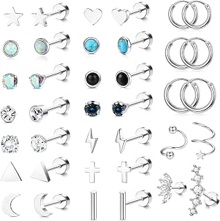 19Pairs Surgical Steel Stud Earrings Set for Women Men Small CZ Heart Star Moon Flat Back Earrings Hypoallergenic 20G Tiny Cartilage Earrings Stud Hoops Helix Tragus Daith Earrings Piercing Jewelry