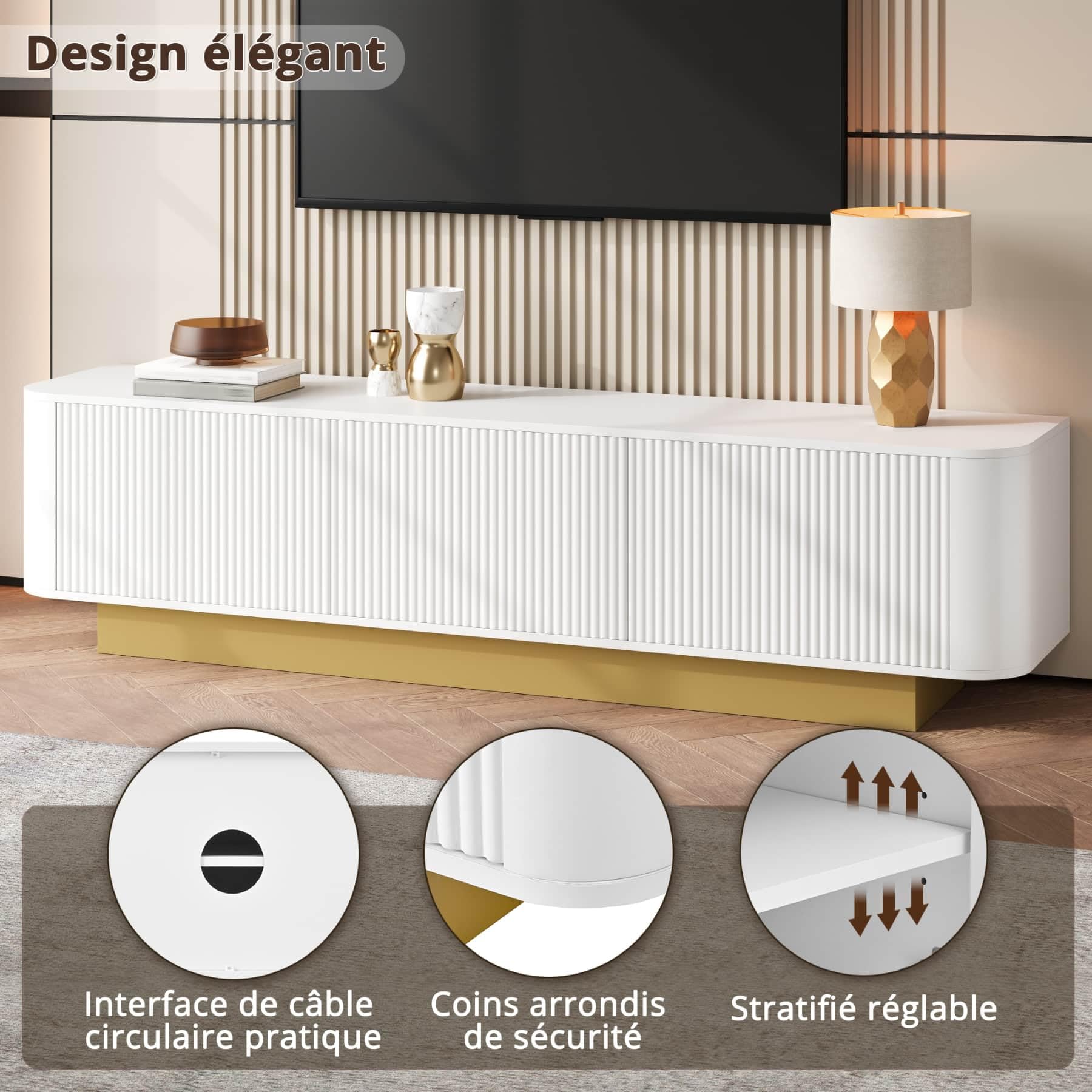 PUGSDRLY Meuble TV Moderne avec étagères réglables et 3 Portes, Meuble TV Bas avec Espace de Rangement,Design sans poignées, pour Salon et Chambres à Coucher,170x40.5x47cm (Blanc)
