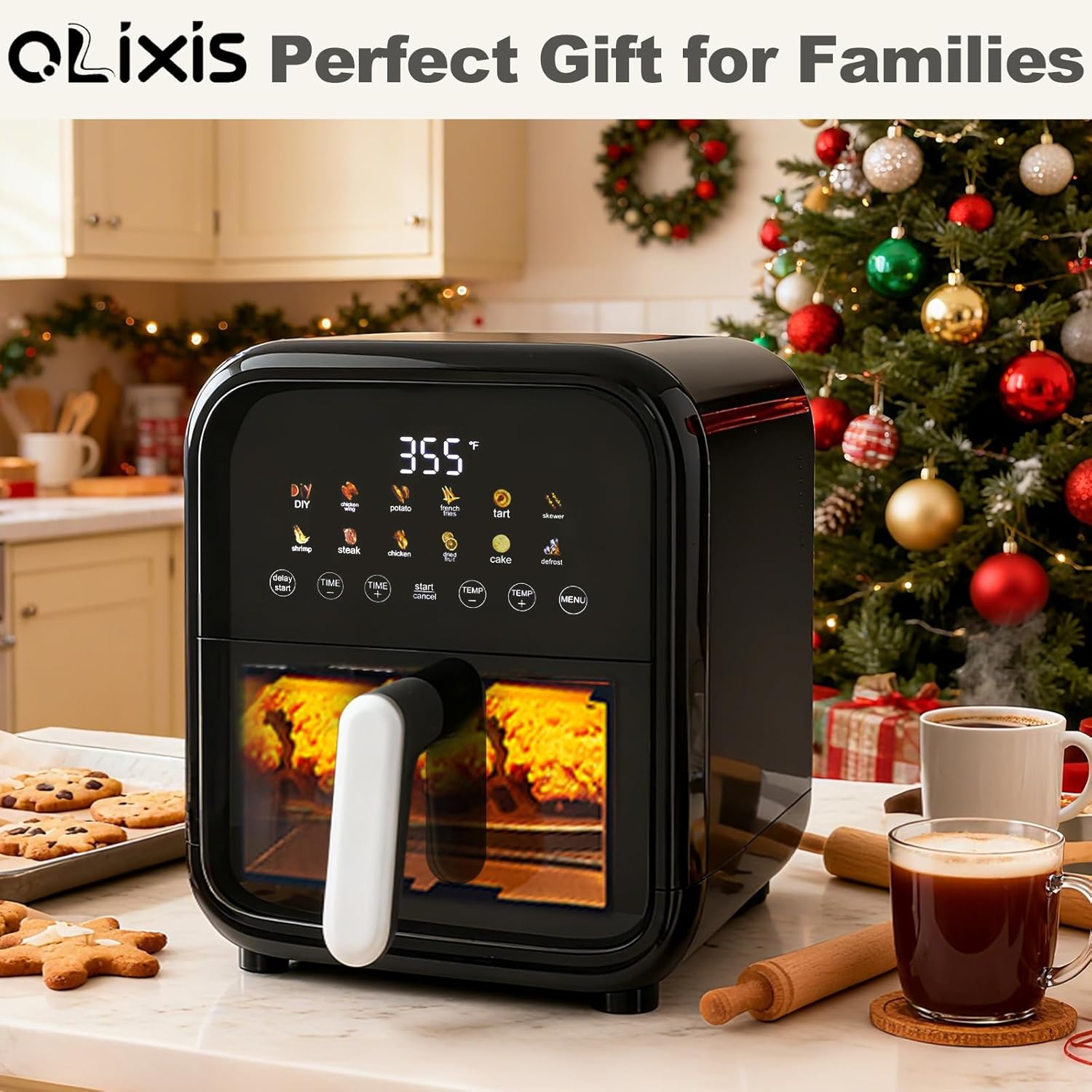 NEWBULIG 7.9QT Air Fryer with Transparent Window, 12-In-1 Large Air Fryers for Family, 400°F Wide Temperature for Rapid Heat, Roast Bake Dehydrate Reheat, Dishwasher Safe, Nonstick Basket, 1800W