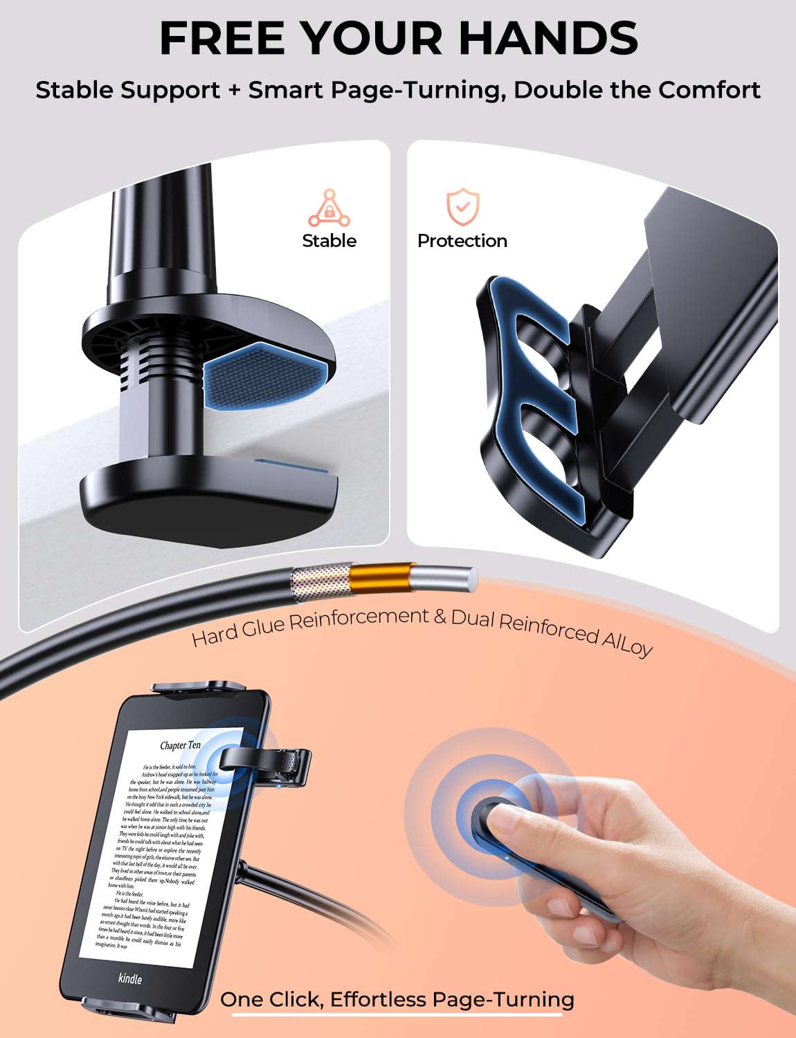 TRYONE Support à col de Cygne avec Tourne-Page pour Lecture Kindle au lit - Support réglable Bureau/Chevet | Accessoires Kindle - Cadeaux pour passionnés de Lecture
