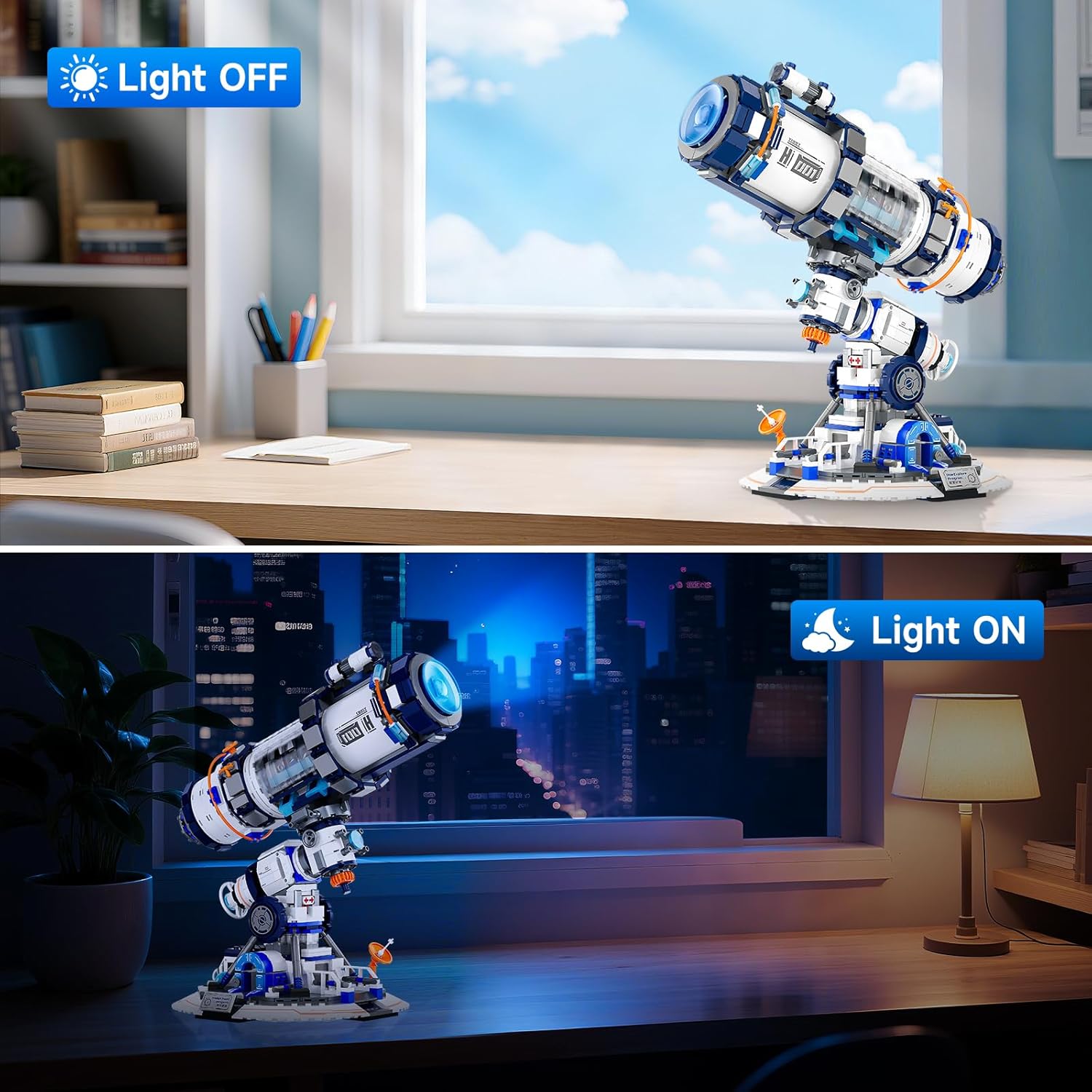Comparison of the Space Telescope with its light off and light on, showcasing the blue illumination from the main mirror.