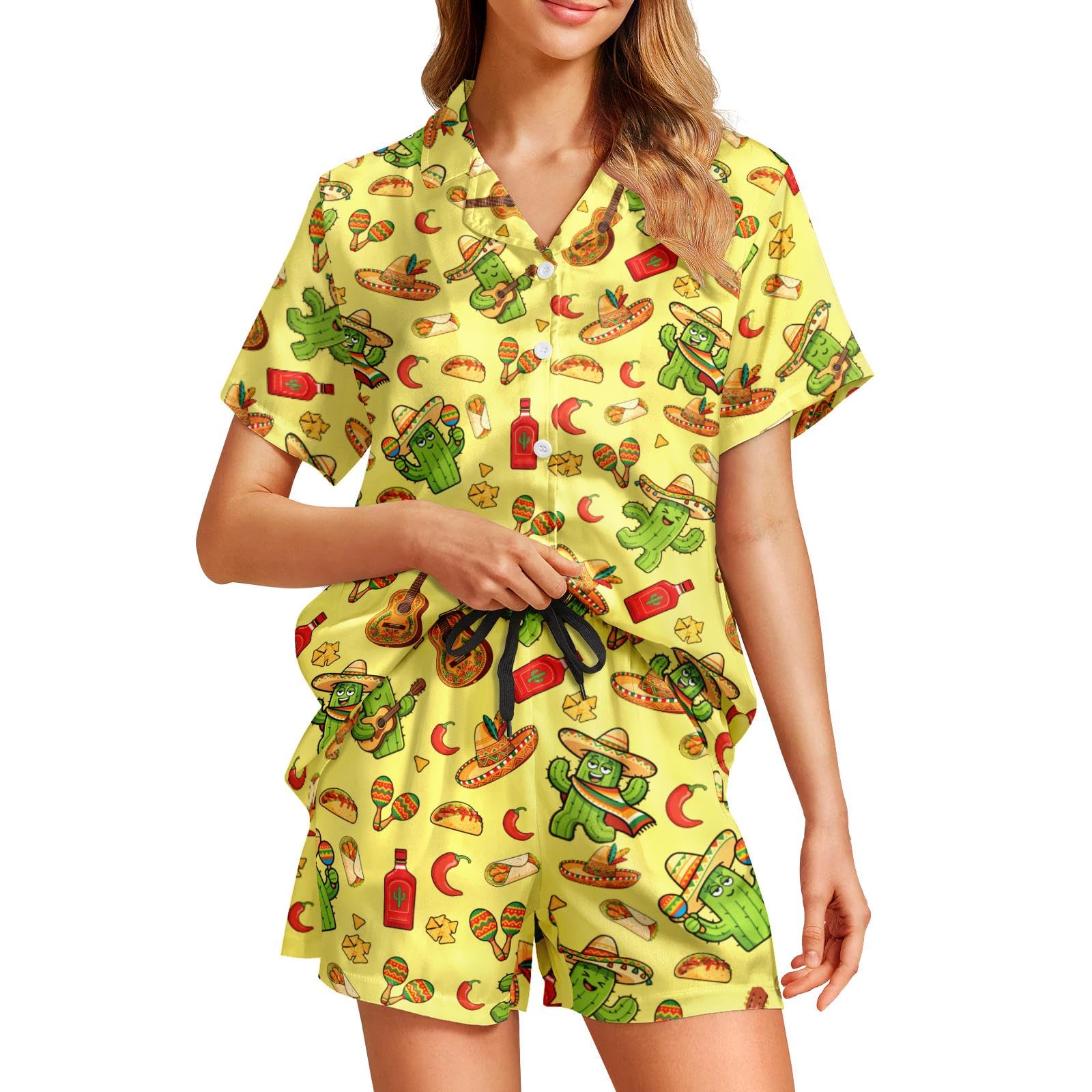 Funny Pajamas for Women Set Print Satin Loungewear Pjs Short Sleeve Button Down Top and Shorts Sets Sleepwear XS-3XL