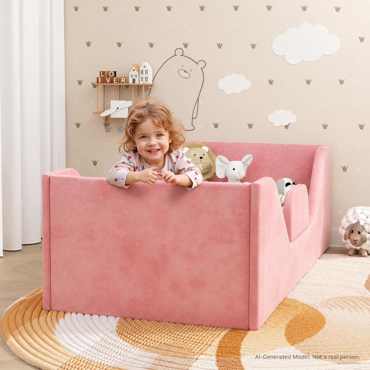 SOFTLYNICE Toddler Floor Bed with Rails in Pink
