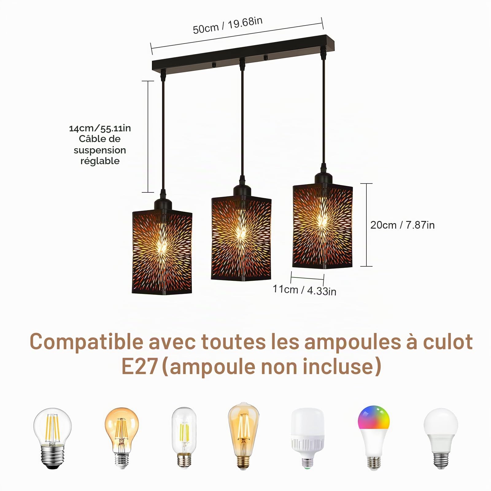 Goeco 3 Lustre Suspension Industrielle Design 3 Lampes, Luminaire Plafonnier Forme Feux d'artifice en Fer, E27 Lampe de Plafond Noir pour Salon Chambre Cuisine