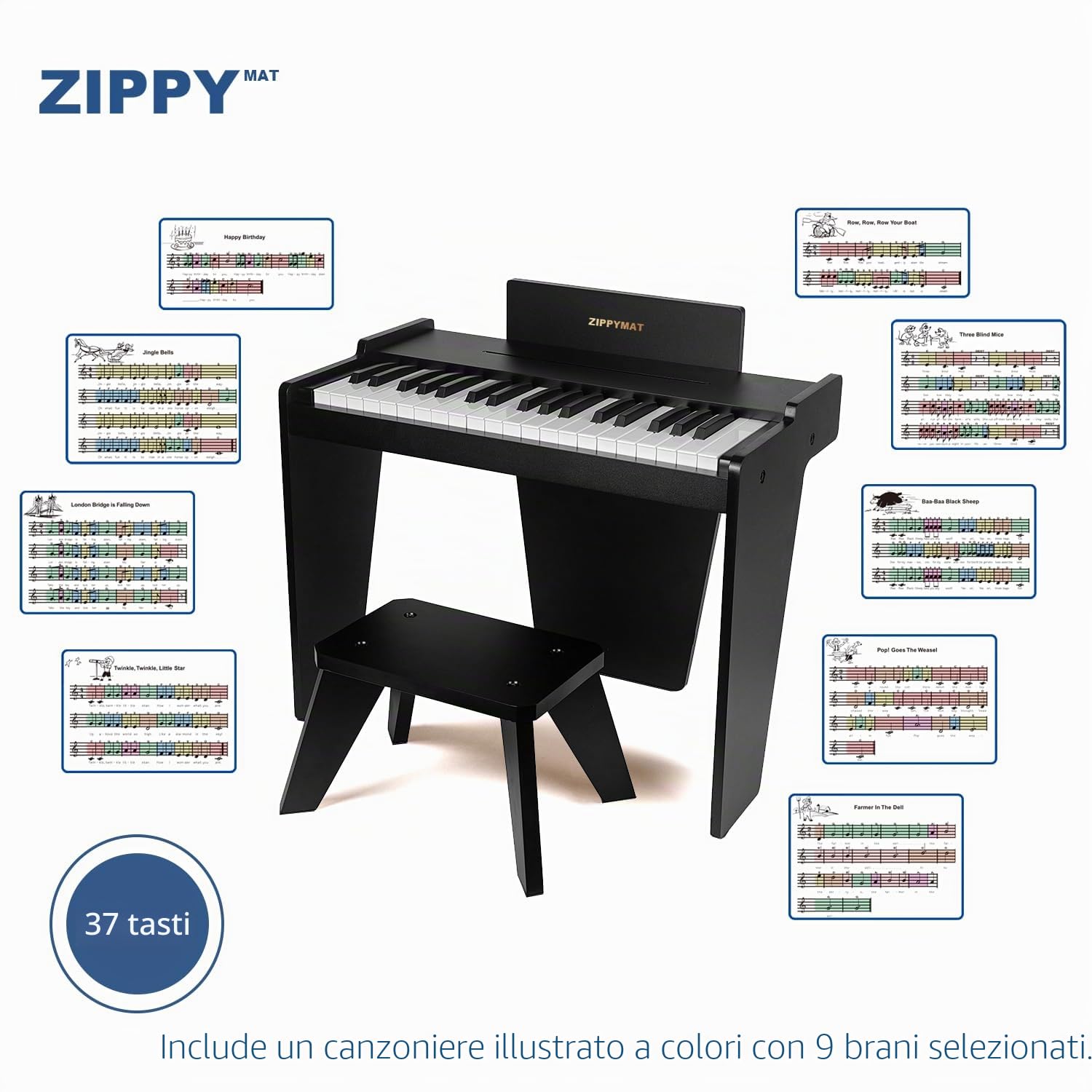 Tastiera per bambini, pianoforte digitale a 37 tasti per bambini, strumento educativo musicale, pianoforte in legno per 3+ ragazze e ragazzi (Nero Basic)