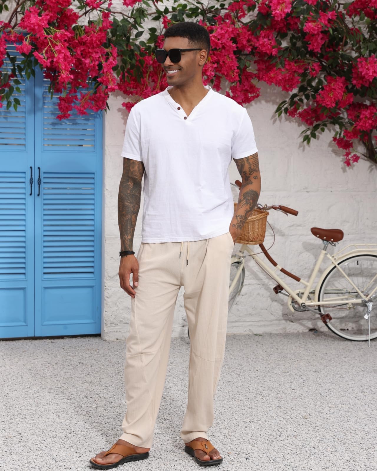 LAOARA Pantaloni di Lino da Uomo Pantaloni Leggeri Estivi Casual Pantaloni Elasticizzati in Vita Pantaloni da Spiaggia Yoga