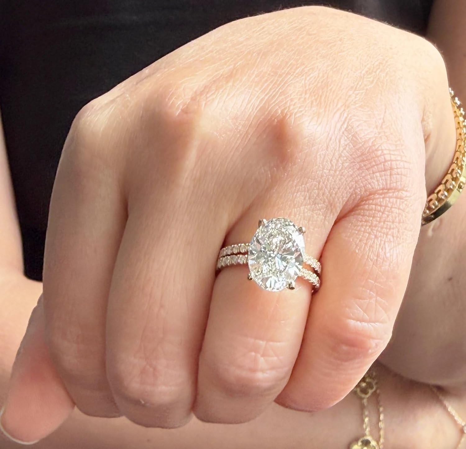 Oval Shape Moissanite And Round Cut Sides Engagement Ring And Matching Band 14k Yellow Gold Bridal Ring Solitaire Wedding Ring 5.30ctw