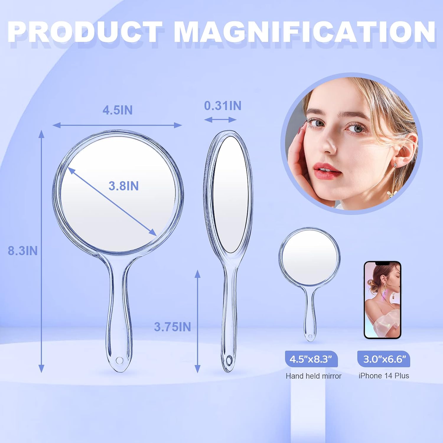 D Hand Mirror with Handle, Blue, Rounded Shape image 2