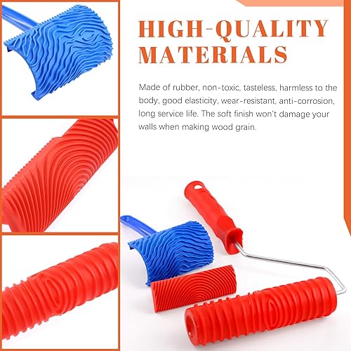 Miniatura 3 de Juego de 4 herramientas de pintura de grano de madera, herramienta de grano de madera de goma azul rojo y rodillo de patrón de textura de madera