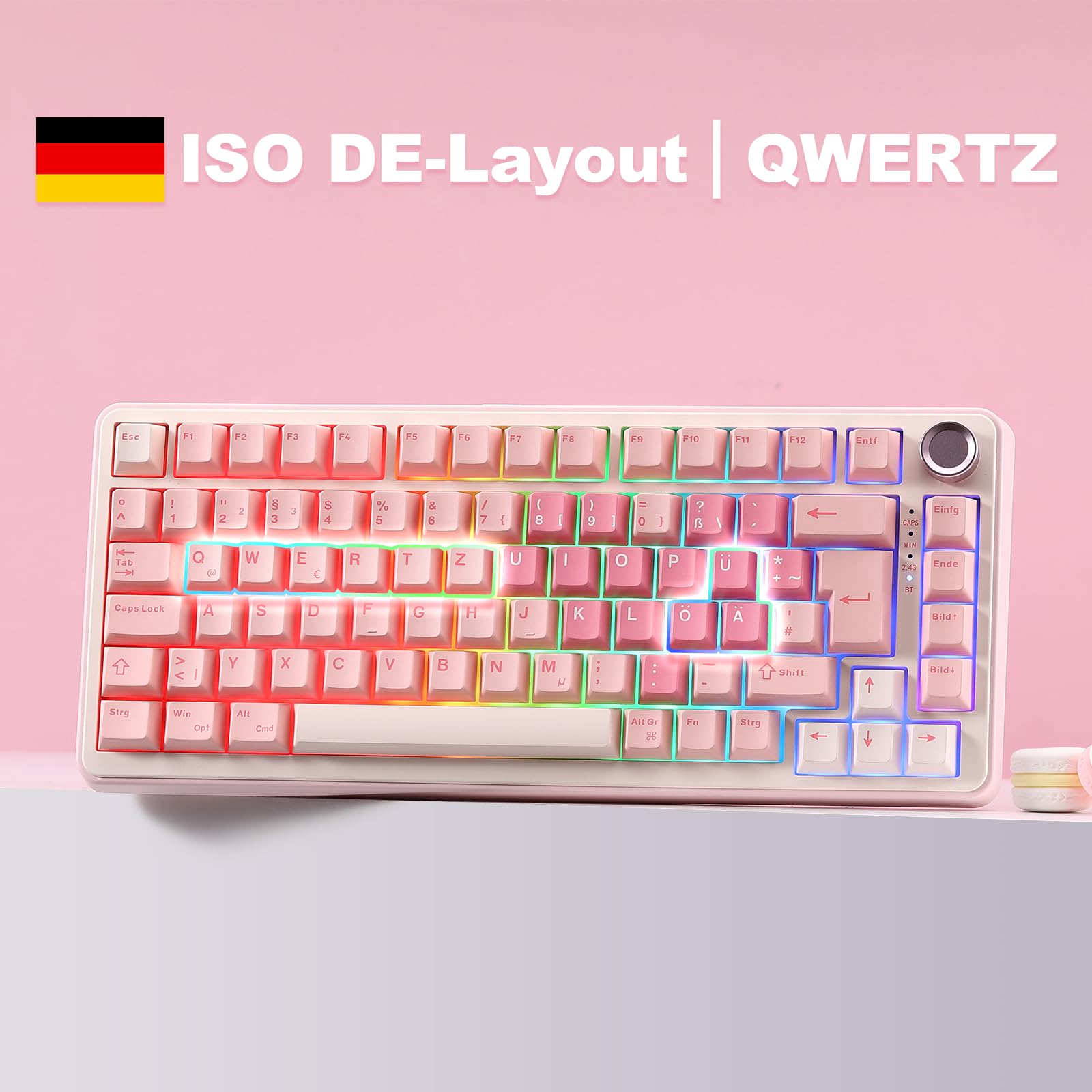 YUNZII B75 PRO ISO-DE Teclado mecánico para juegos, 75% disposición QWERTZ (DE) con botón giratorio, BT5.0/2.4GHz/USB-C, interruptor prelubricado, RGB para Win/Mac/PC (rosa, interruptor de leche)