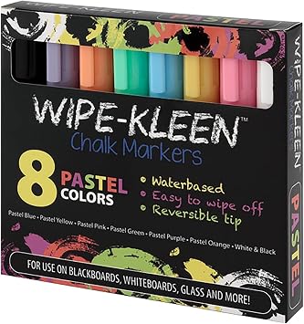 Creative Mark Wipe-Kleen Liquid Chalk Markers Pastel Color- Set of 8 - for Bistro Signs, Blackboard, Whiteboard & Glass- Reversible Bullet or Chisel Tip