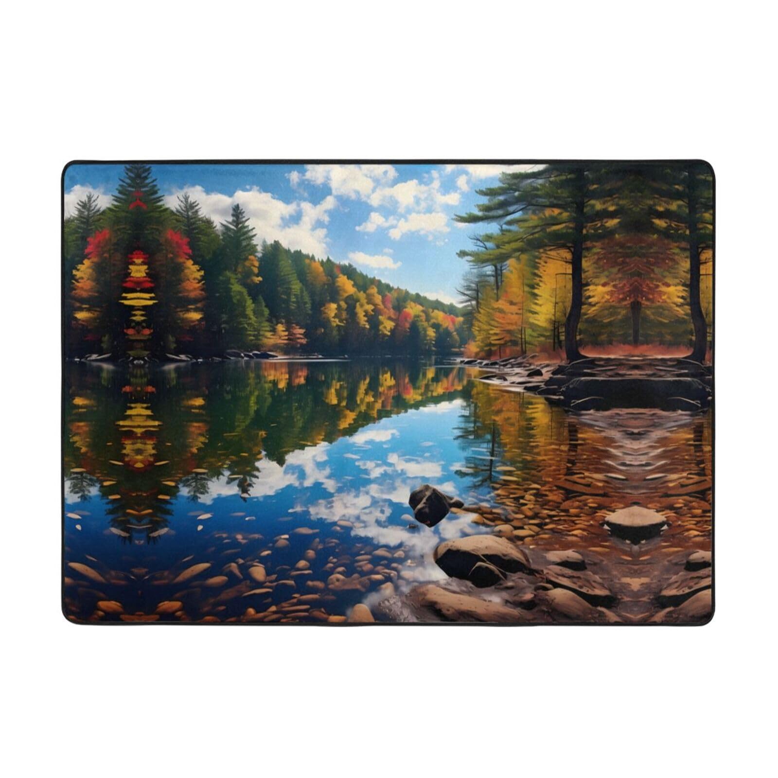 Tapis de sol doux au toucher HYTTER, grand tapis salon 203 x 147 cm motif lacs du New Hampshire