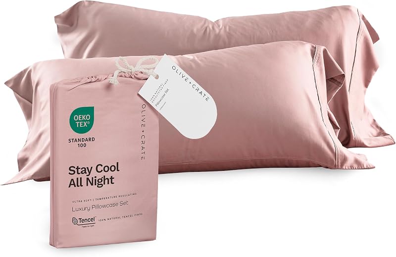 Tencel Eucalyptus Pillowcases, Queen Size Set of 2 | 100% Tencel Lyocell Breathable Pillow Cases for Hot Sleepers, Hypoallergenic, Moisture-Wicking, Silk Alternative - Rose Blush