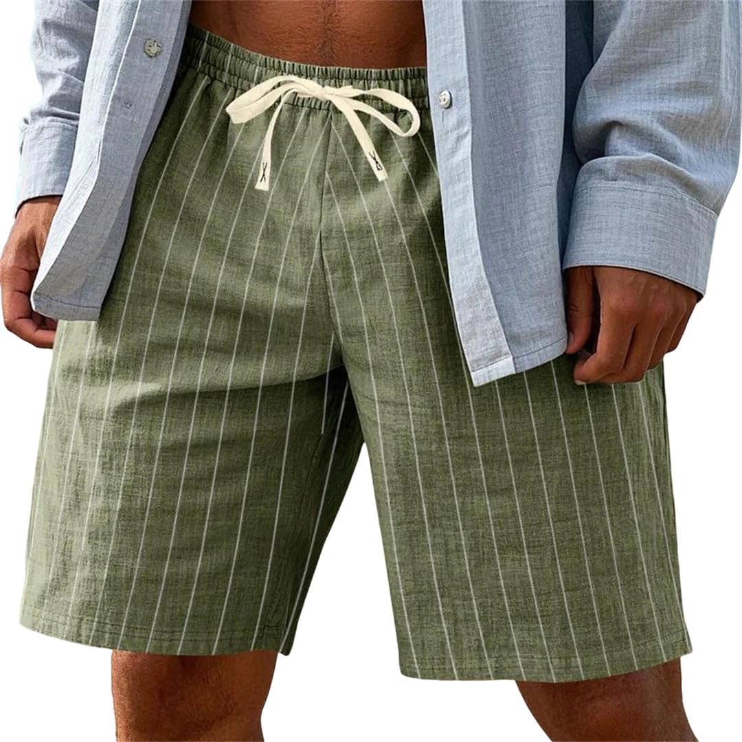 Men Summer Striped Linen Cotton Elastic Waist Breathable Daily Beach Shorts