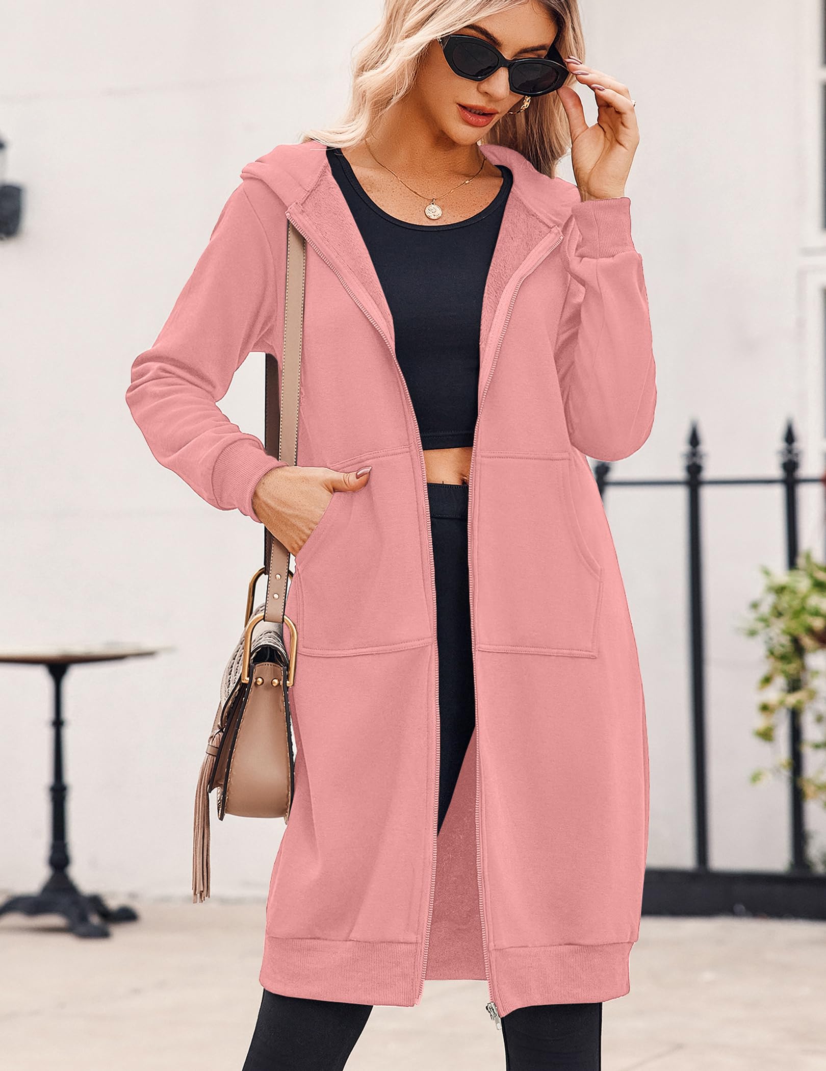 Damska bluza z kapturem na co dzień zapinana na zamek polarowa tunika bluza oversize długa bluza z kapturem kurtka z kieszenią