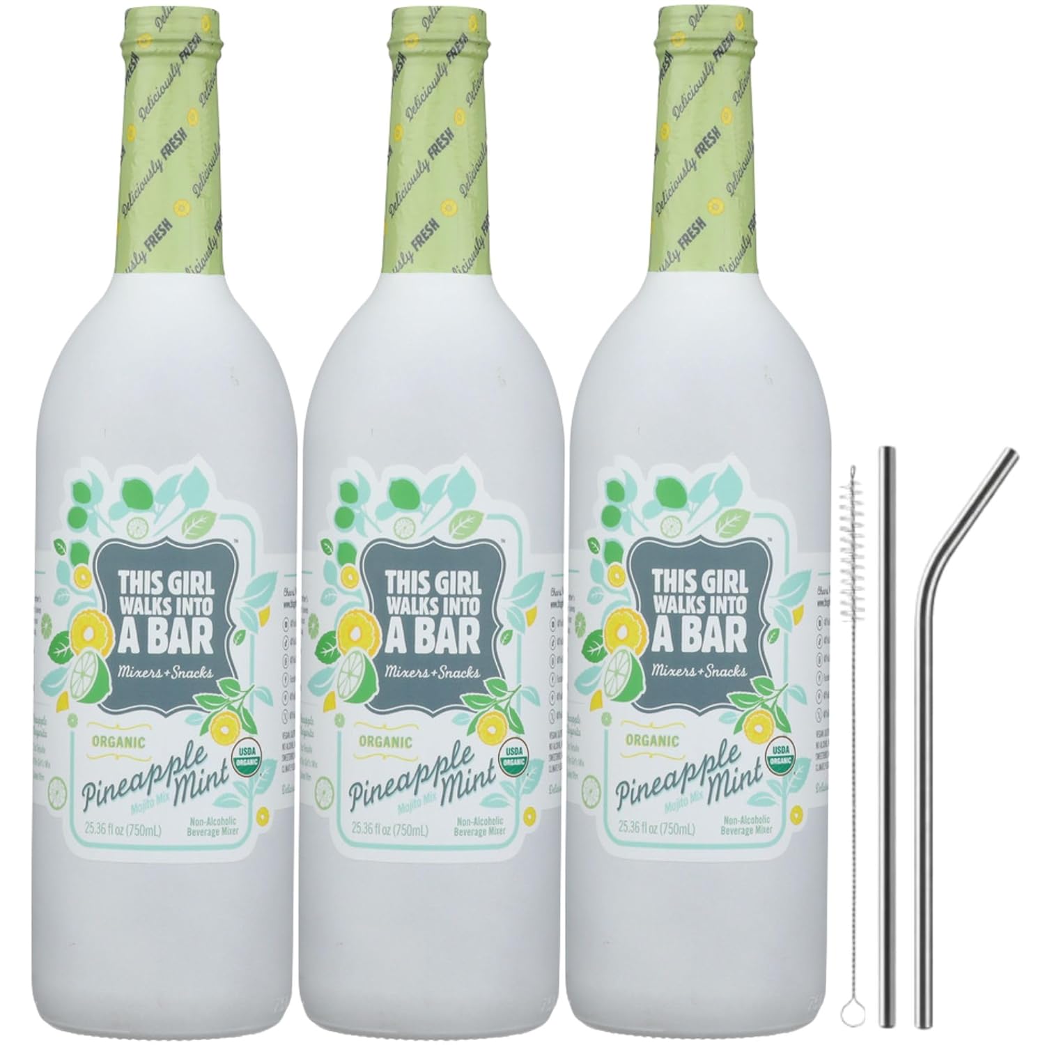 Mojito Mix Pineapple Mint – This Girl Walks Into A Bar Mixer 25.36 fl oz – For Mojitos and Summer Drinks – Use with Coconut, Passion Fruit & Watermelon Syrups – 3 pack with Stainless Steel straw set