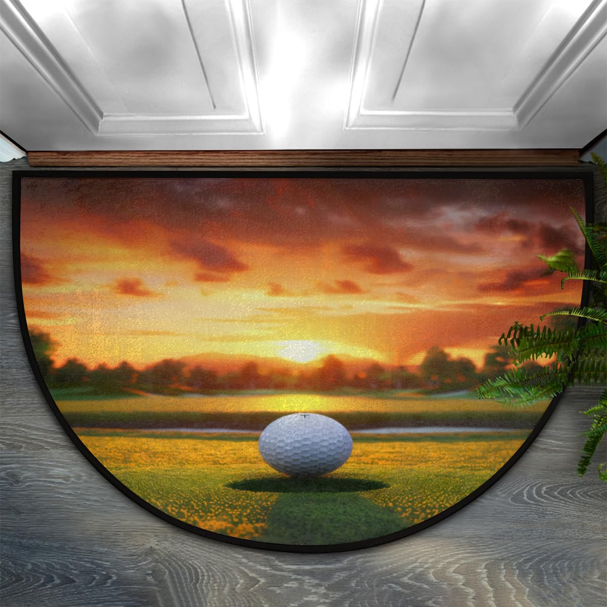 Paillasson semi-circulaire élégant motif golf et coucher de soleil textile épais