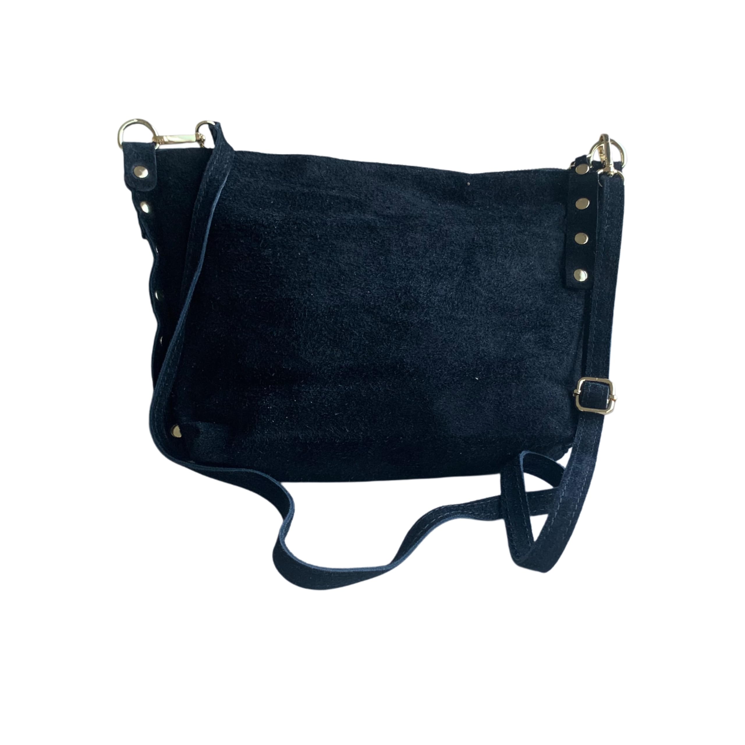 Borsa a tracolla in camoscio italiano con borchie sui lati. Cinturino regolabile e intercambiabile. Chiusura con cerniera. Interno foderato con tasca integrata. Tasca posteriore.