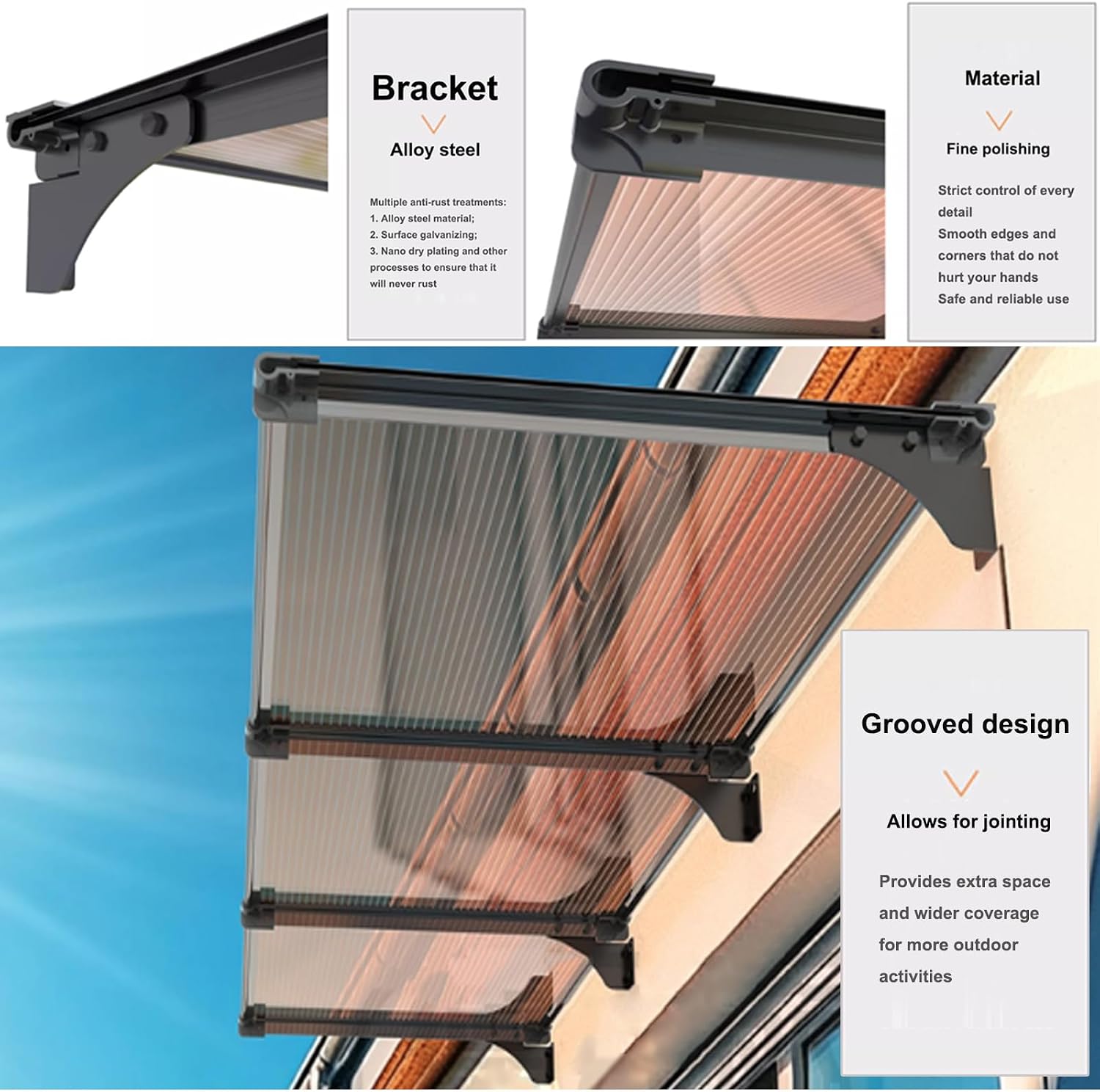 Modern Door and Window Canopy, Brown Polycarbonate Awning, Outdoor Rain and Snow Protection, 5mm Thick (16"x122") - Stylish Overhang for Entrances and Patios