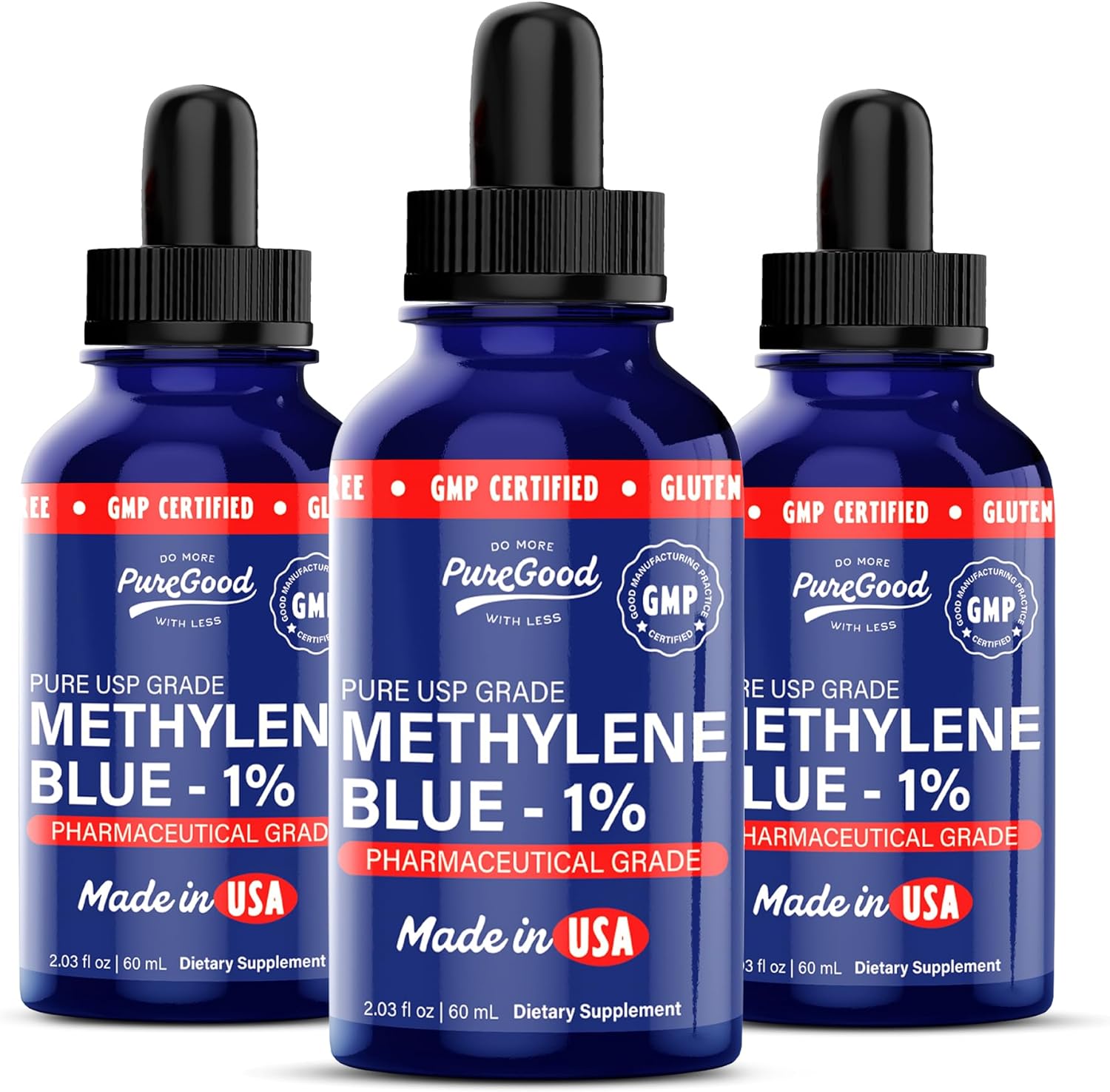 Methylene Blue 1% Liquid – 10 mg per 1 mL Serving – 60mL (2.03 fl oz) – About 60 Servings per Bottle (3 Pack) – Third-Party Tested – Amber Glass Bottle
