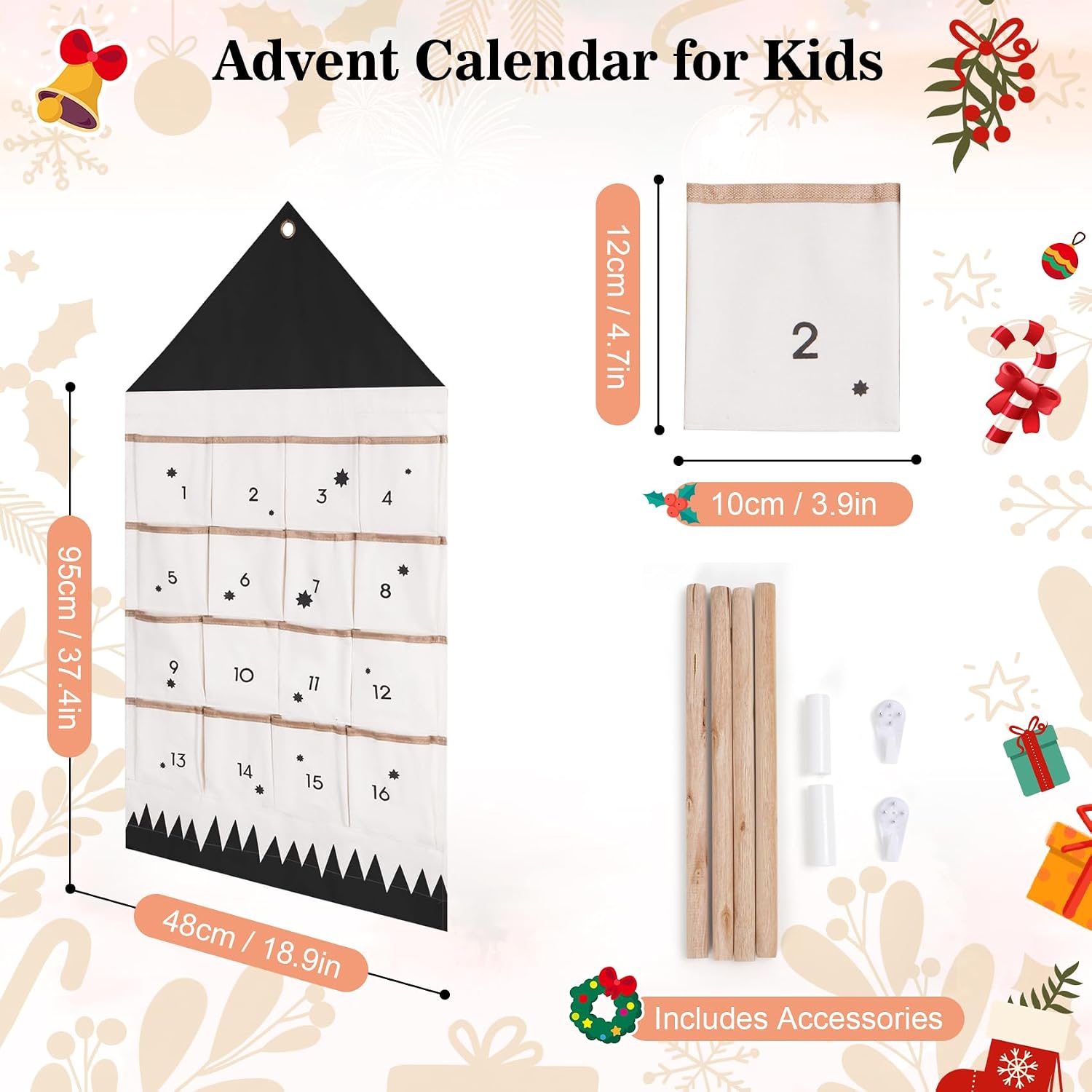 Christmas Advent Calendar with 16 Pockets, Reusable Countdown Calendar Storage Bag, Fabric Calendar Wall Hanging Bag for Xmas Holiday Home Wall Decoration (Black) image 2