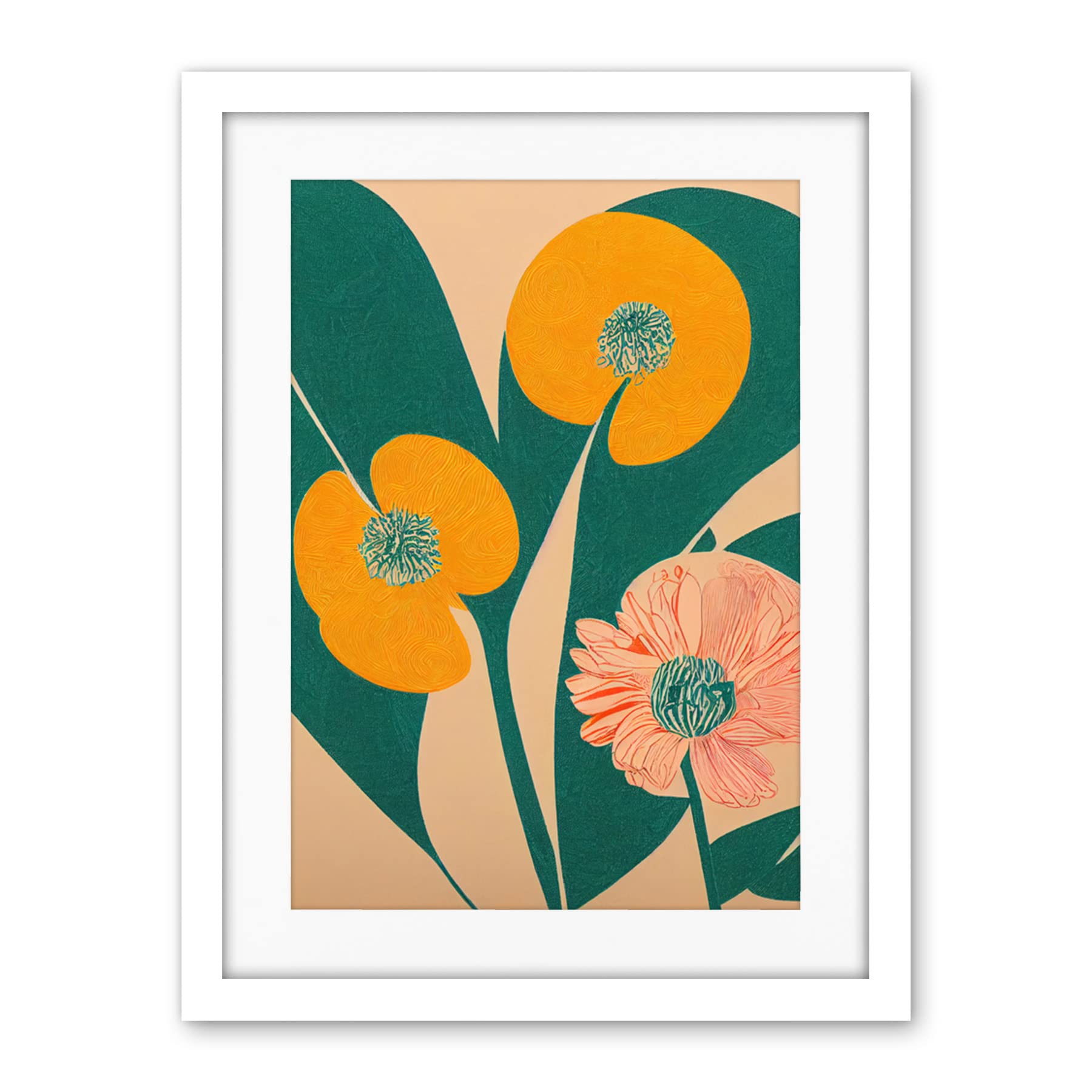 Wee Blue Coo California Poppy Flower Blooms Turquoise Leaves Bright Artwork Framed Wall Art Print 18X24 Inch