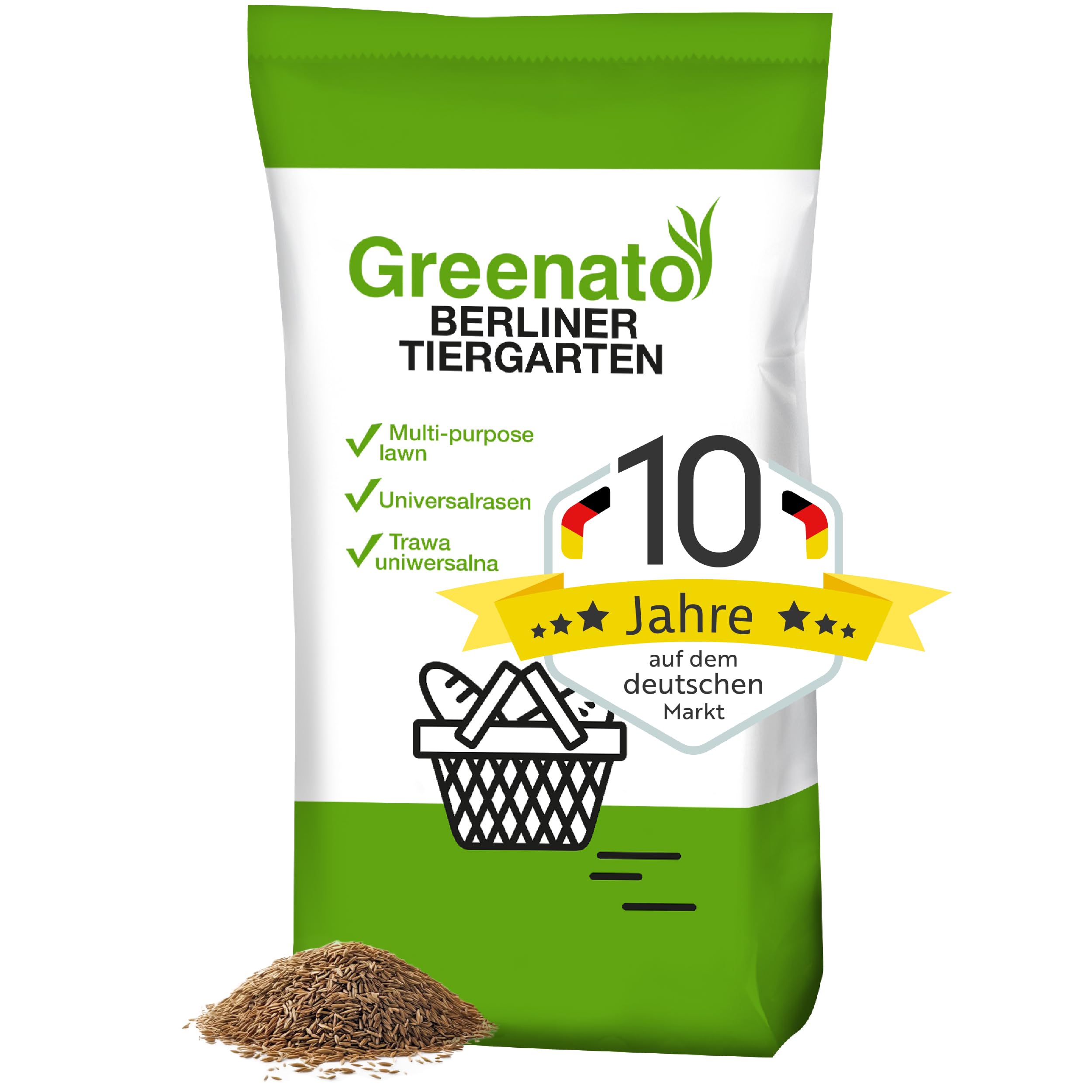 15 kg Grassamen schnellkeimend Greenato Berliner Tiergarten - Gras für Rasenerde Turbo Rasensamen Schattenrasen - Rasensaat geeignet für alle Rasenflächen - ausreichend für 600 m²