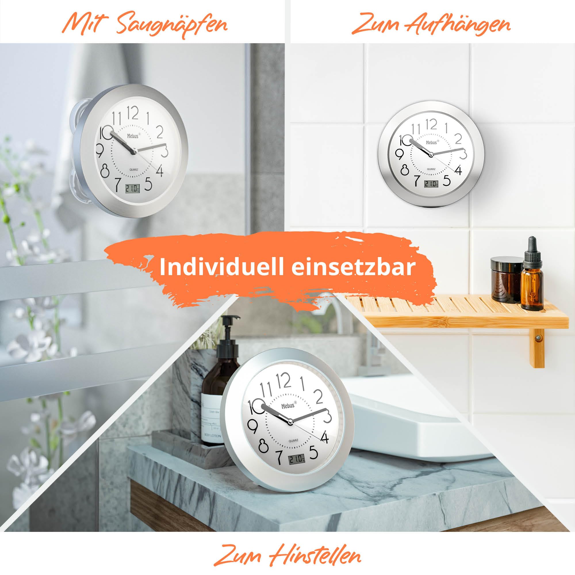 Reloj de baño de Cuarzo con Pantalla Digital, Marco de Aluminio, ventosas, Esfera Blanca, Modelo 41964, preciso y Funcional, Color Blanco
