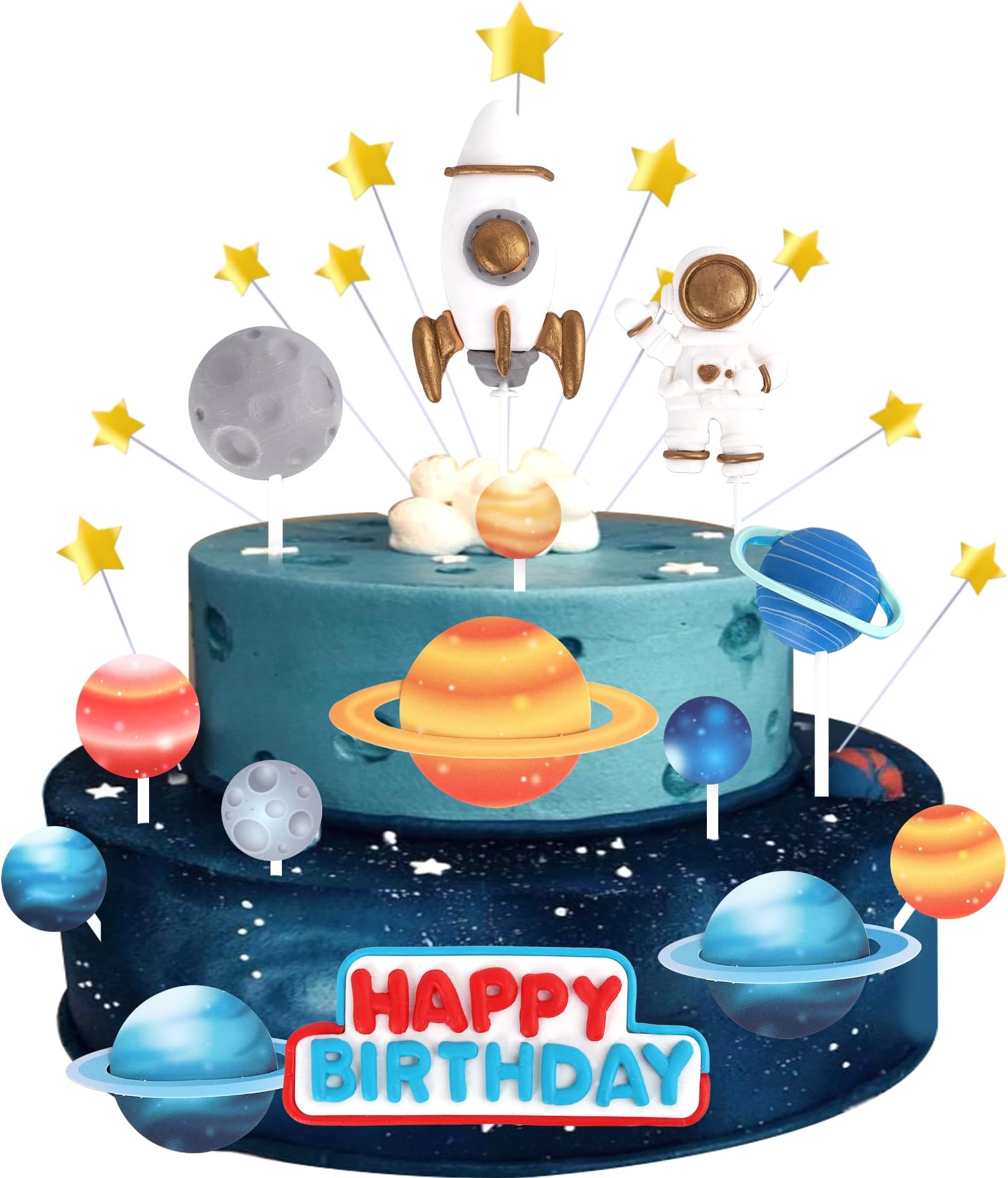 17 PCS Space Cake Toppers Astronaut Rocket Star Planet Cupcake Toppers First Trip Around The Sun Outer Space Birthday Decorations for Baby Shower Kids Birthday Party Cake Decorations Supplies