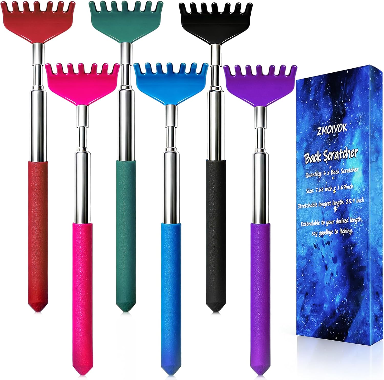 6 Pack Back Scratchers Set, Extendable Handles and Stainless Scratch Heads | Back Scratcher for Back,Neck,Shoulders (6 Colors - Red, Pink, Blue, Green, Black, Purple)