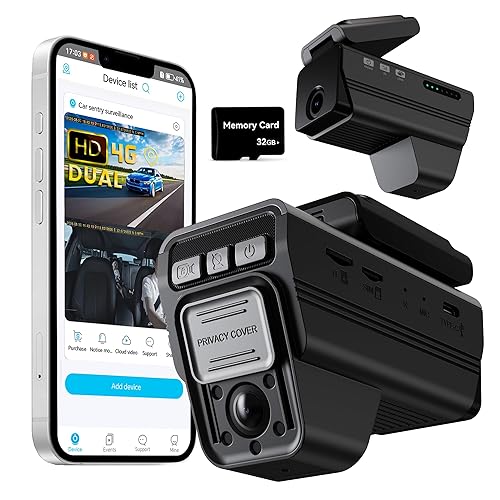 DeerAsk 4G LTE Car Security Camera with Remote Live View - Dual 1080P Front and Inside Dash Cam, Anti-Theft Cloud Storage, AI Motion Alert, Real-Time GPS Tracking, 2-Way Audio, No WiFi Needed