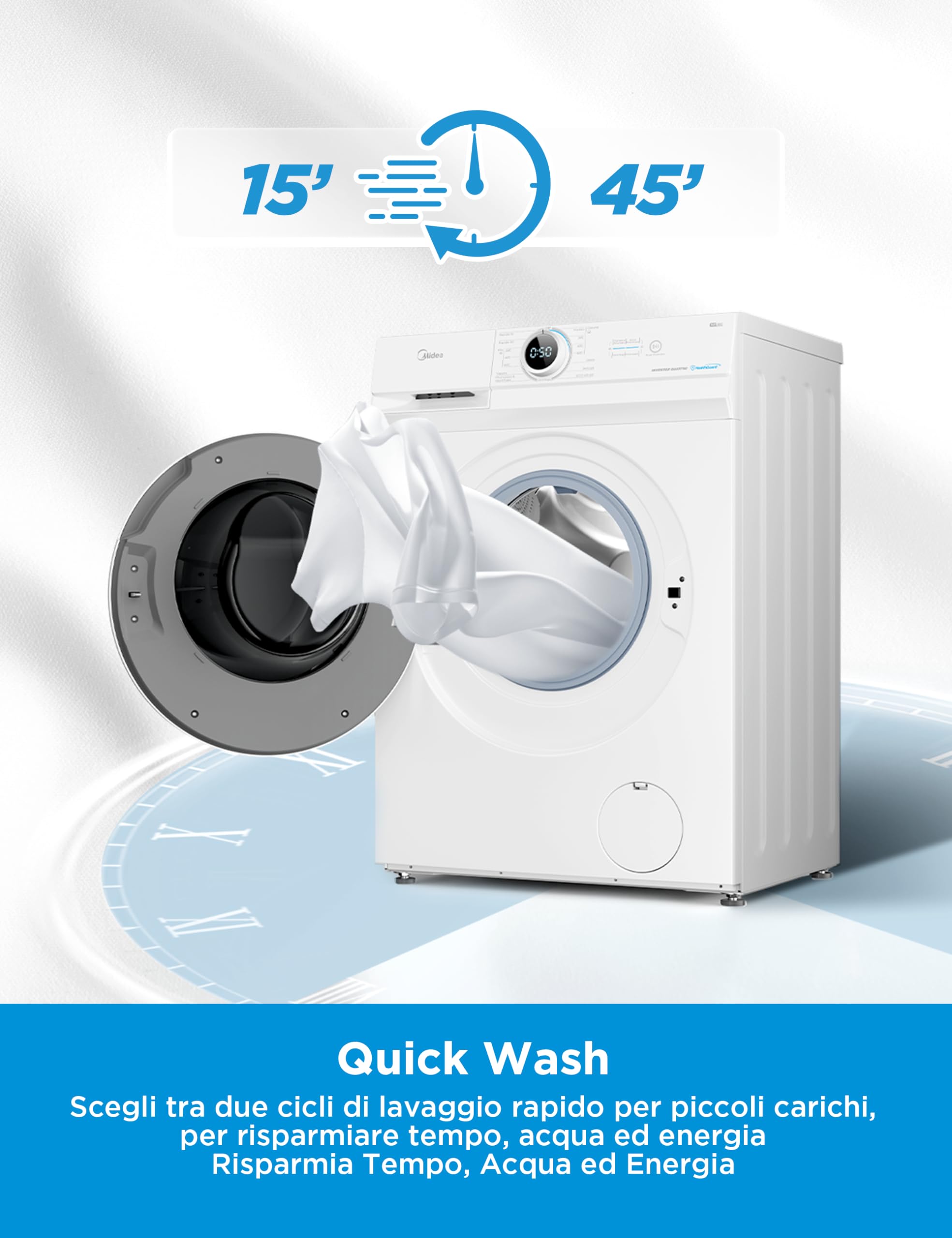 Midea MF10EW70B Lavatrice Slim Carica Frontale, 7 kg, 1400 Giri, Classe A, Vapore, Motore BLDC, Programma Rapido, Varie Temperature dell'Acqua, White
