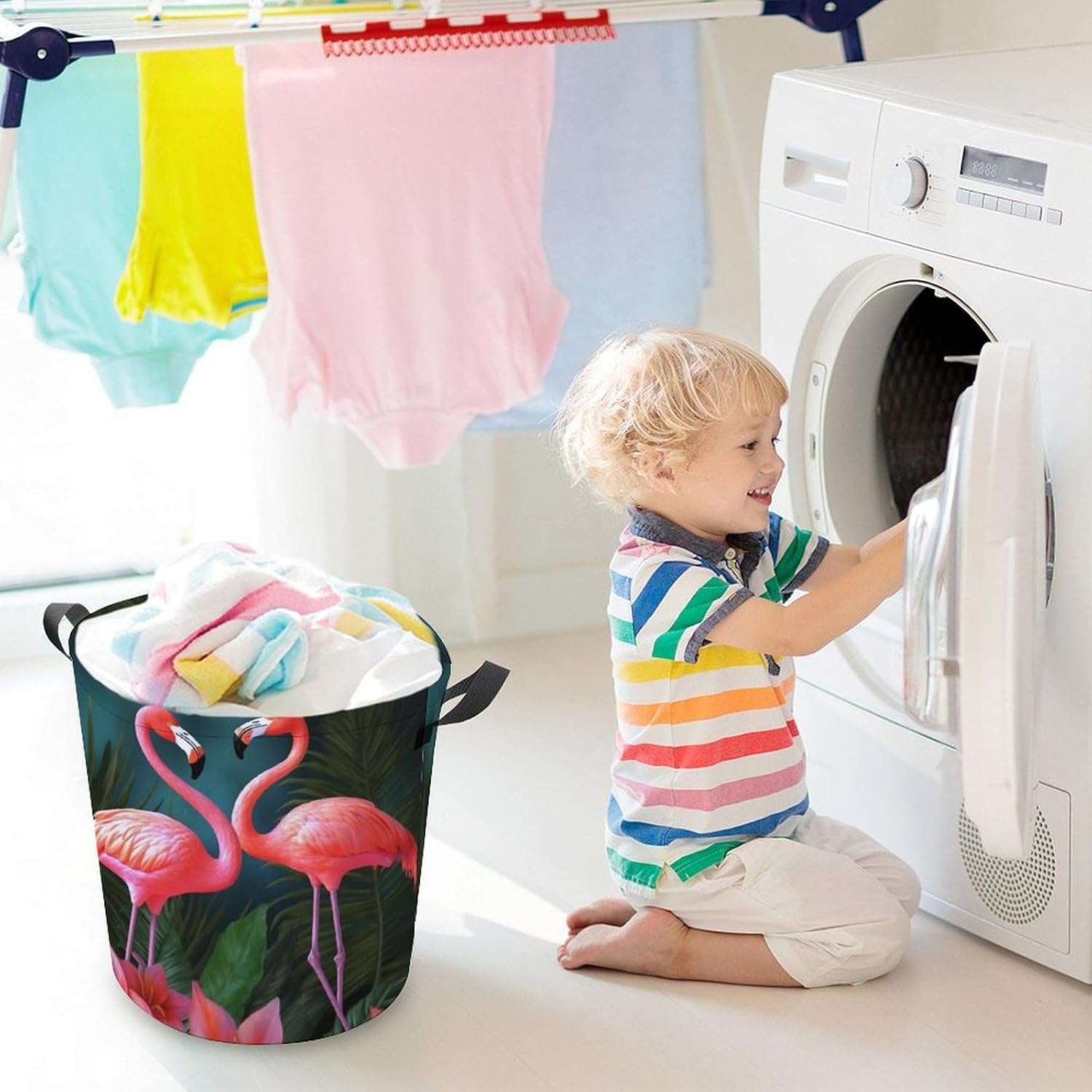 Laundry Basket Waterproof Laundry Hamper with Handles Foldable Dirty Clothes Hamper Flamingo Flowers Freestanding Laundry Bag Organizer Tall Storage Basket for Bedroom Bathroom Decor