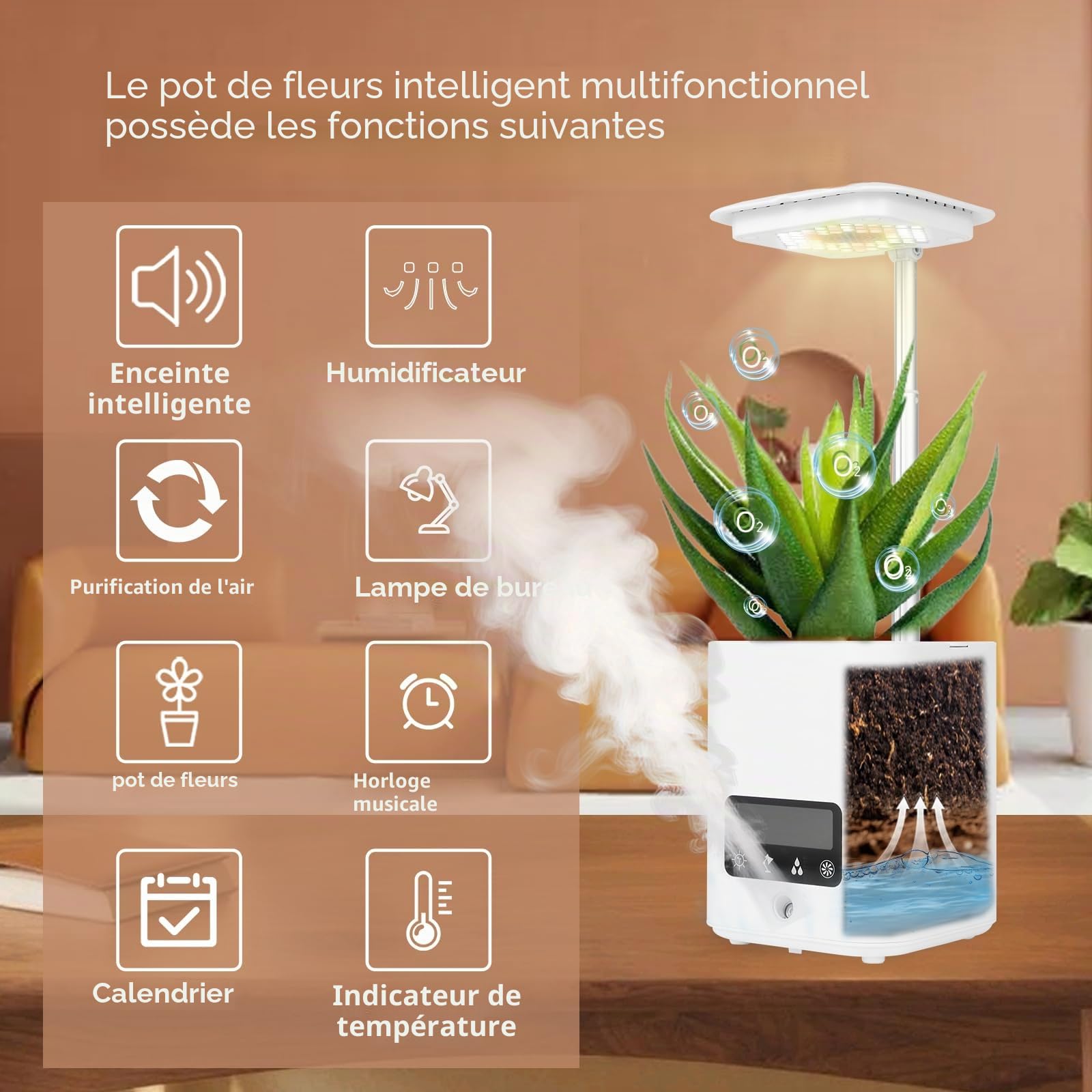 Pot de fleurs intelligent multifonctionnel, pot de fleurs pour plantes d'intérieur en hydroponie avec enceinte Bluetooth, lumière LED de croissance réglable pour plantes, humidificateur, purification