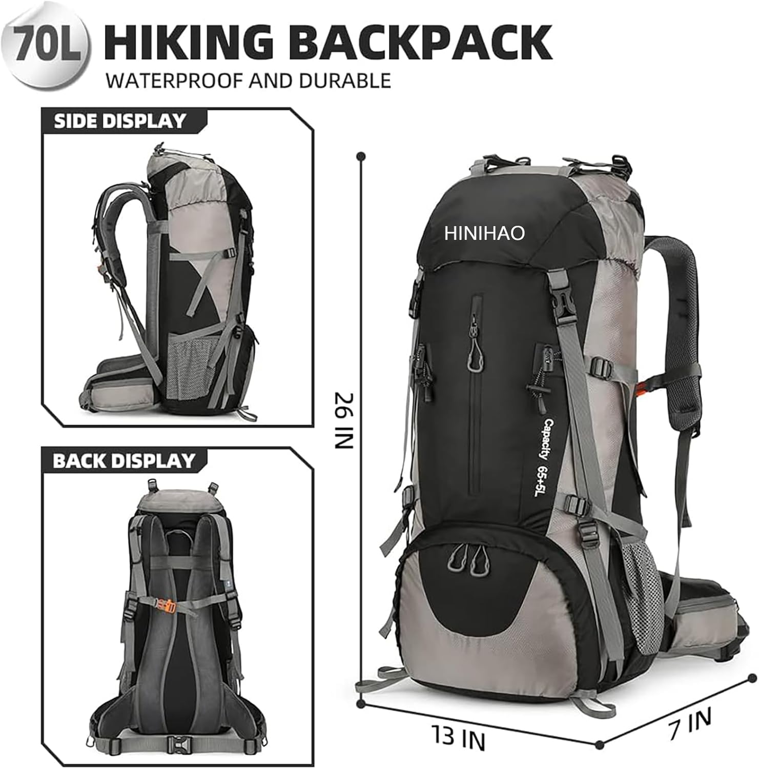 HINIHAO Hiking Backpack with Rain Cover Lightweight Travel Backpack Waterproof Camping Backpack Daypack for Outdoor (70L Black)